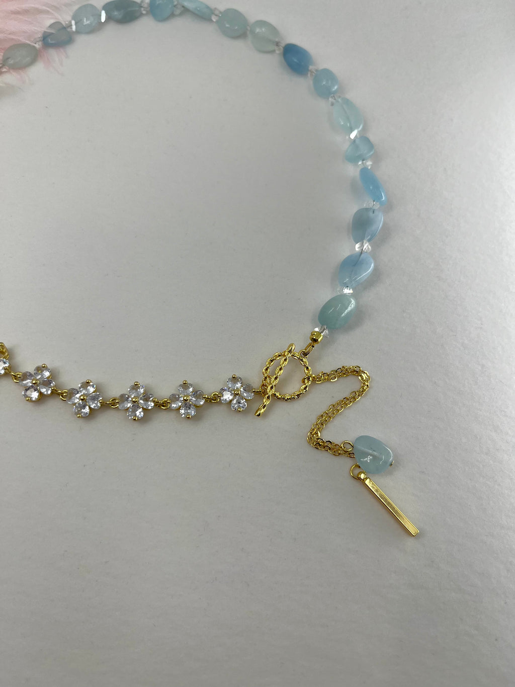 Asymmetrical Aquamarine Y-Necklace, zirconia chain, Bar pendant