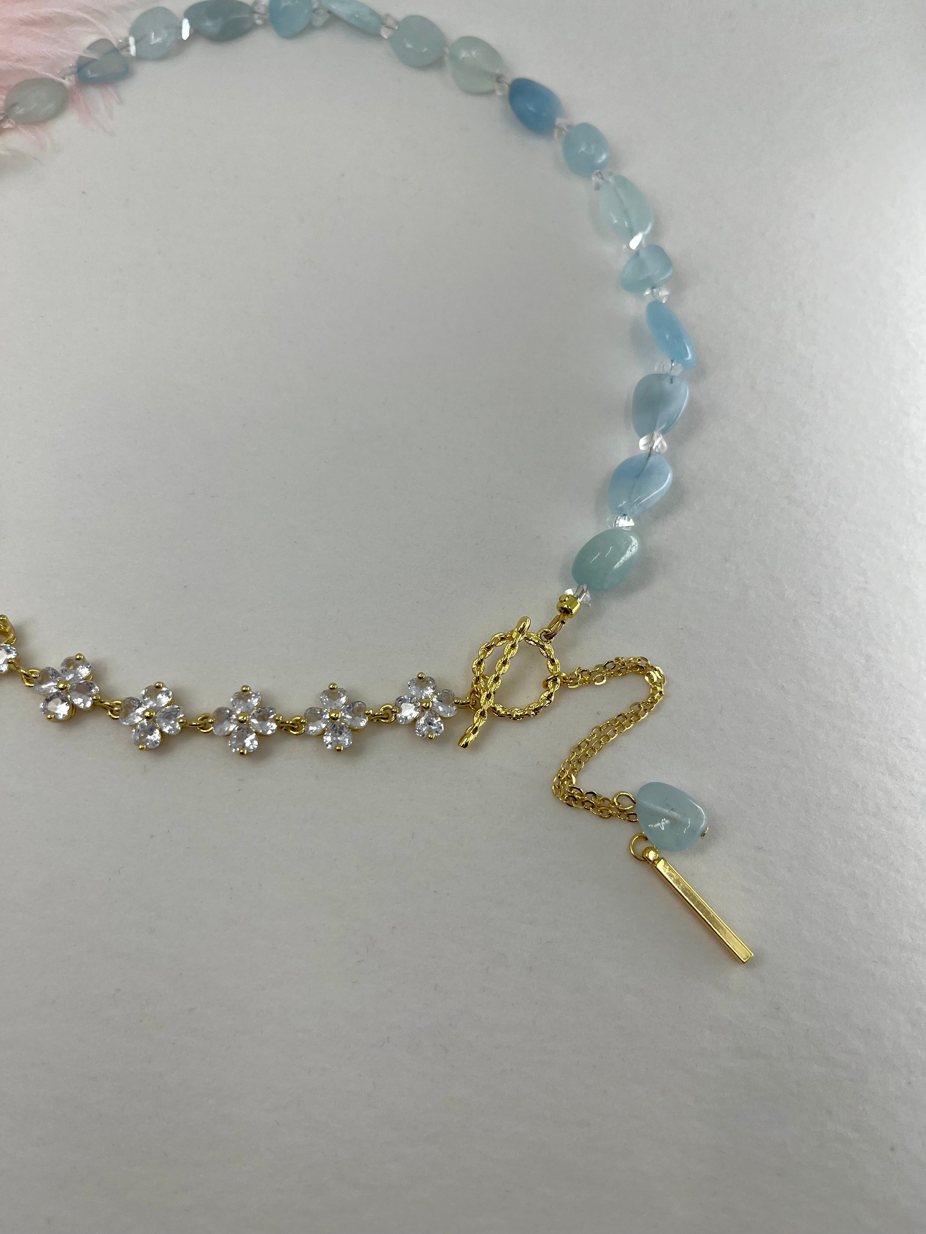 Asymmetrical Aquamarine Y-Necklace, zirconia chain, Bar pendant