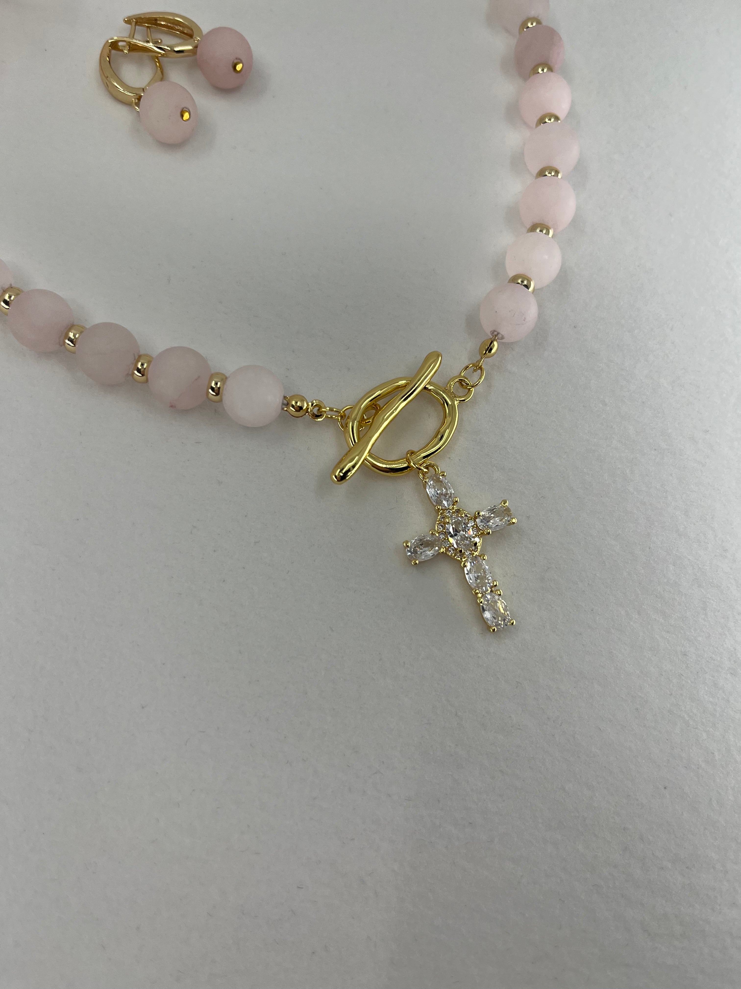 Set: Rose Quartz Cross Necklace and Earrings, 18k gold plated