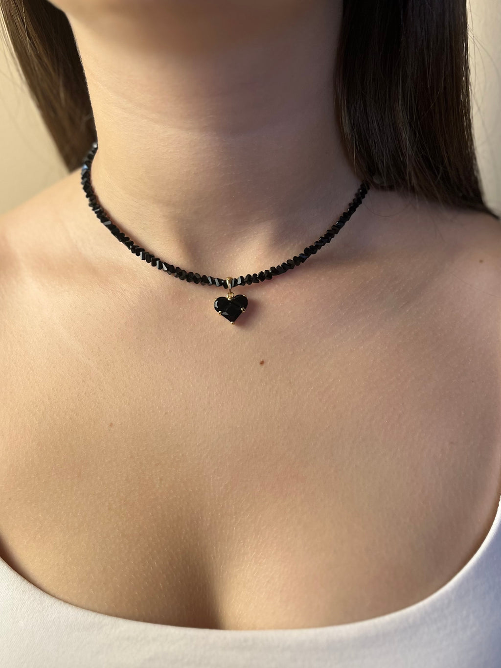 Set: Heart Black Crystal Choker Necklace and Earrings – 18K Gold Plated, Cubic Zirconia, Nickel Free