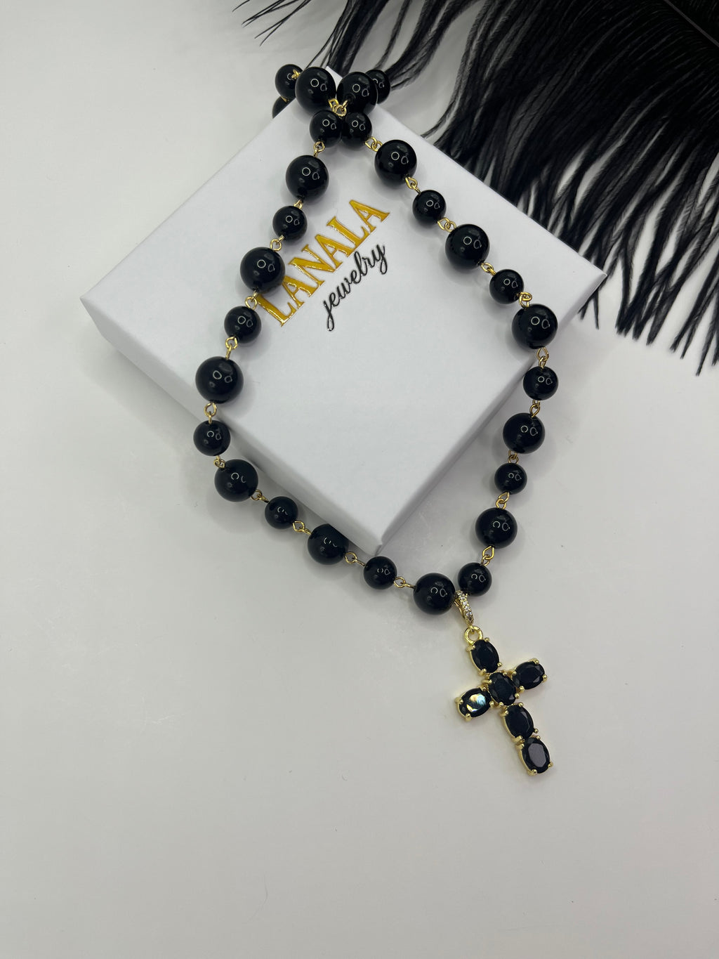 Black Onyx Necklace– 18K Gold Plated Zirconia Cross