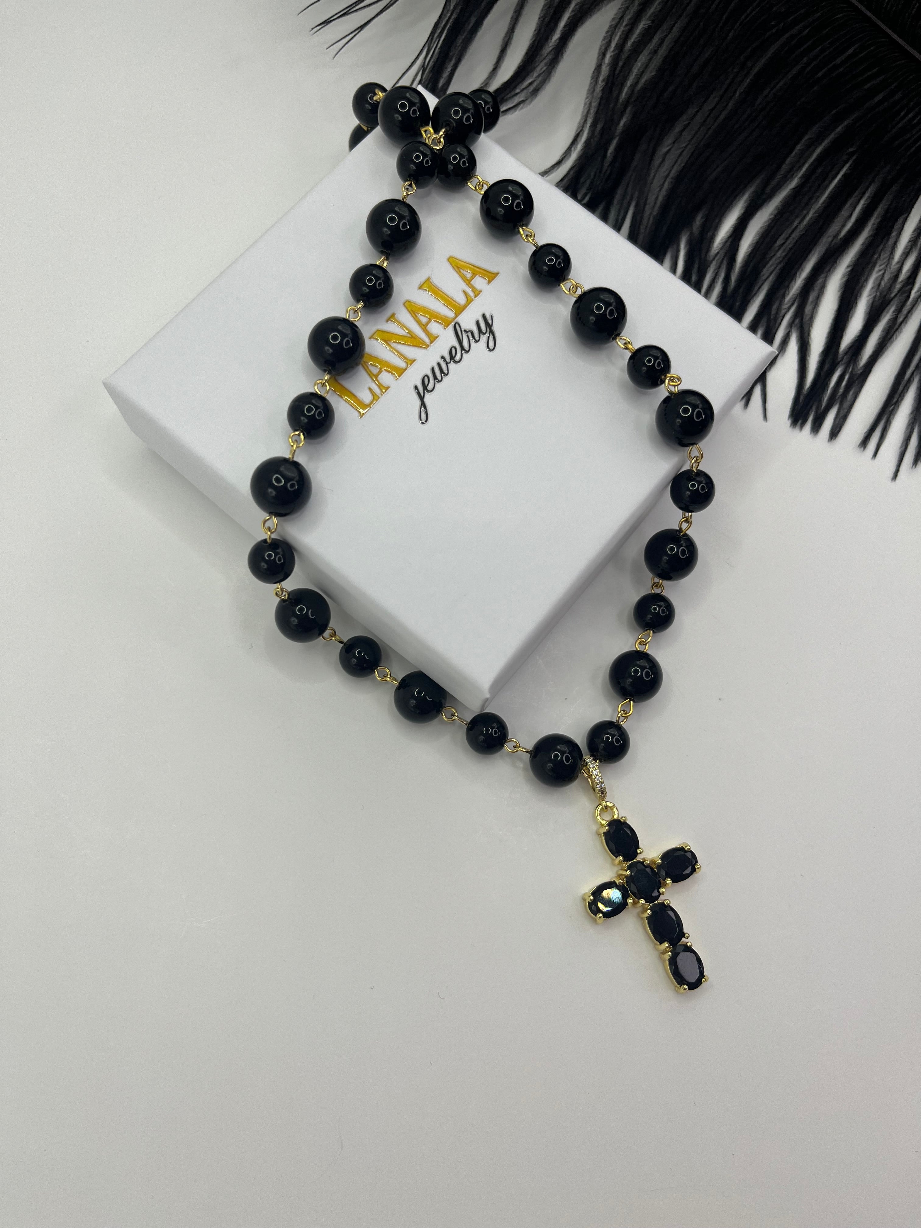 Black Onyx Necklace– 18K Gold Plated Zirconia Cross