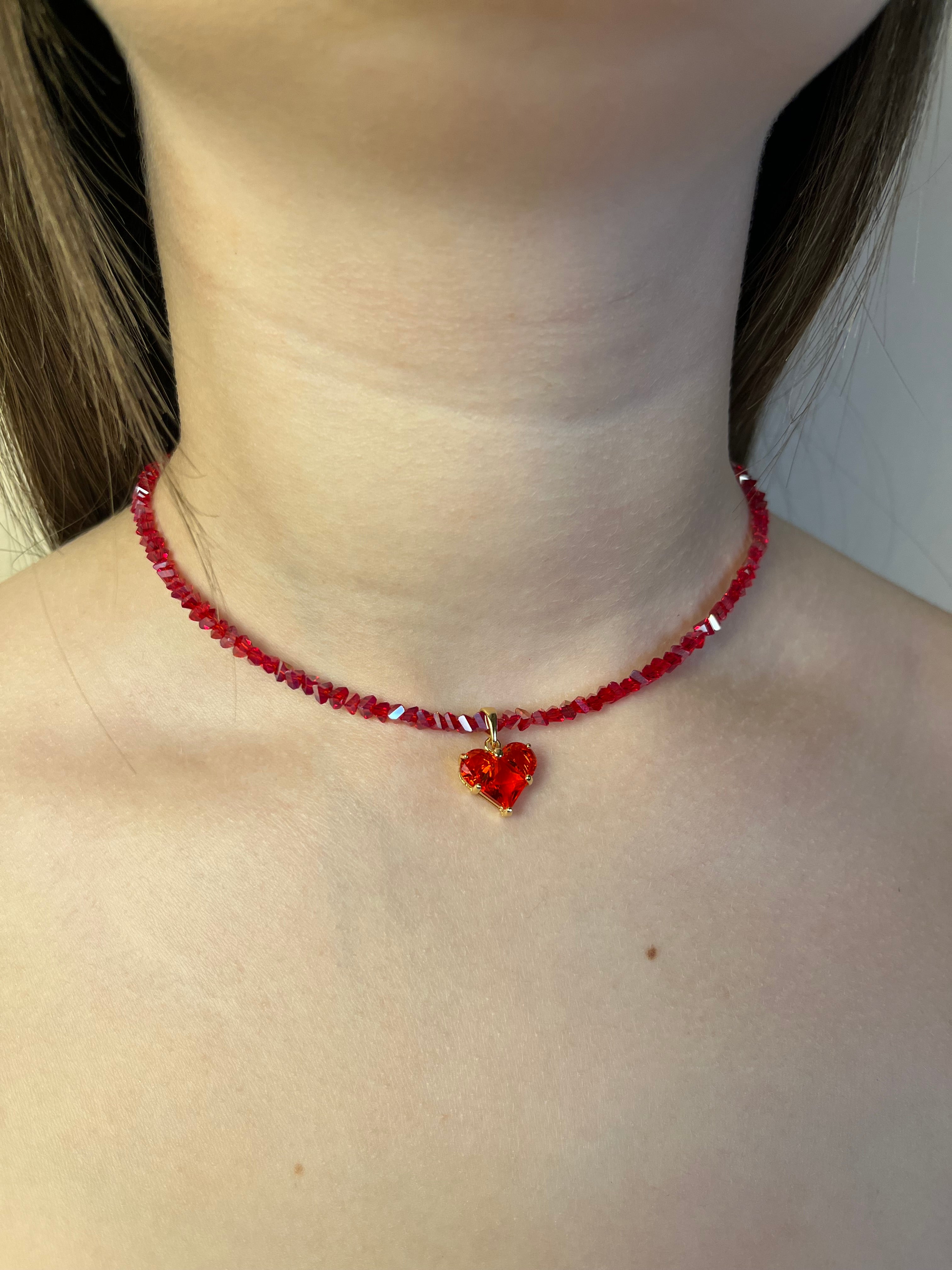 Crystal Red Glass Bead Choker: 18K Gold Heart Pendant