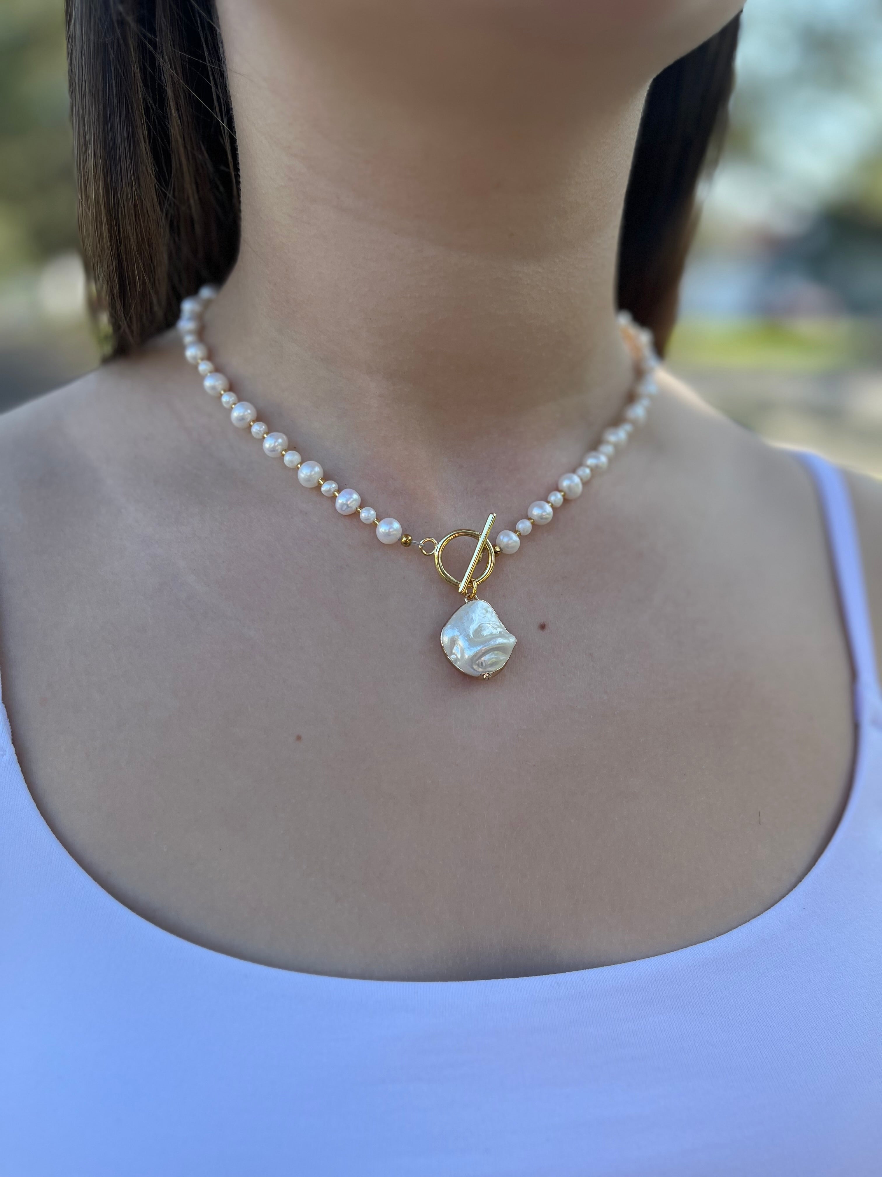 Pearl Choker Necklace with Shell pendant: 18K Gold Plated