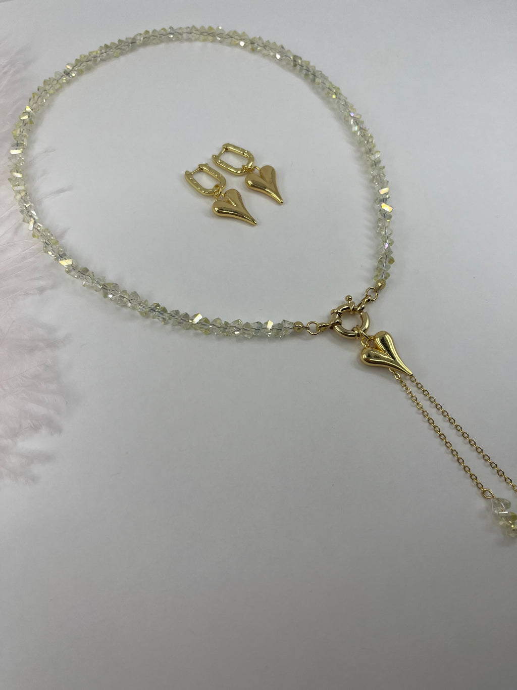 Set: Heart Crystal Y-Necklace and Earrings – 18K Gold Plated