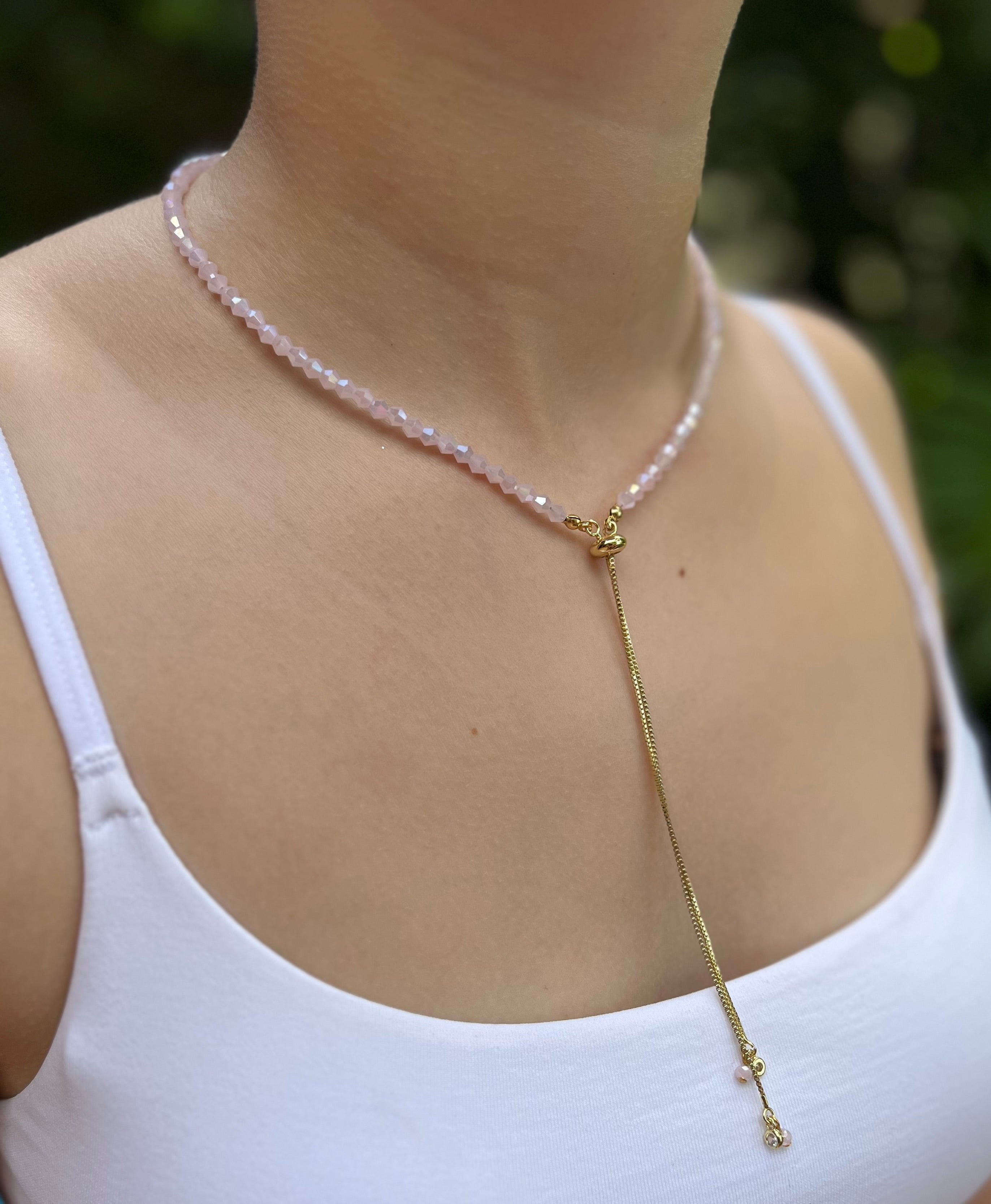 Set Pink Beaded Choker Necklace with Earrings – 18K Gold Plated