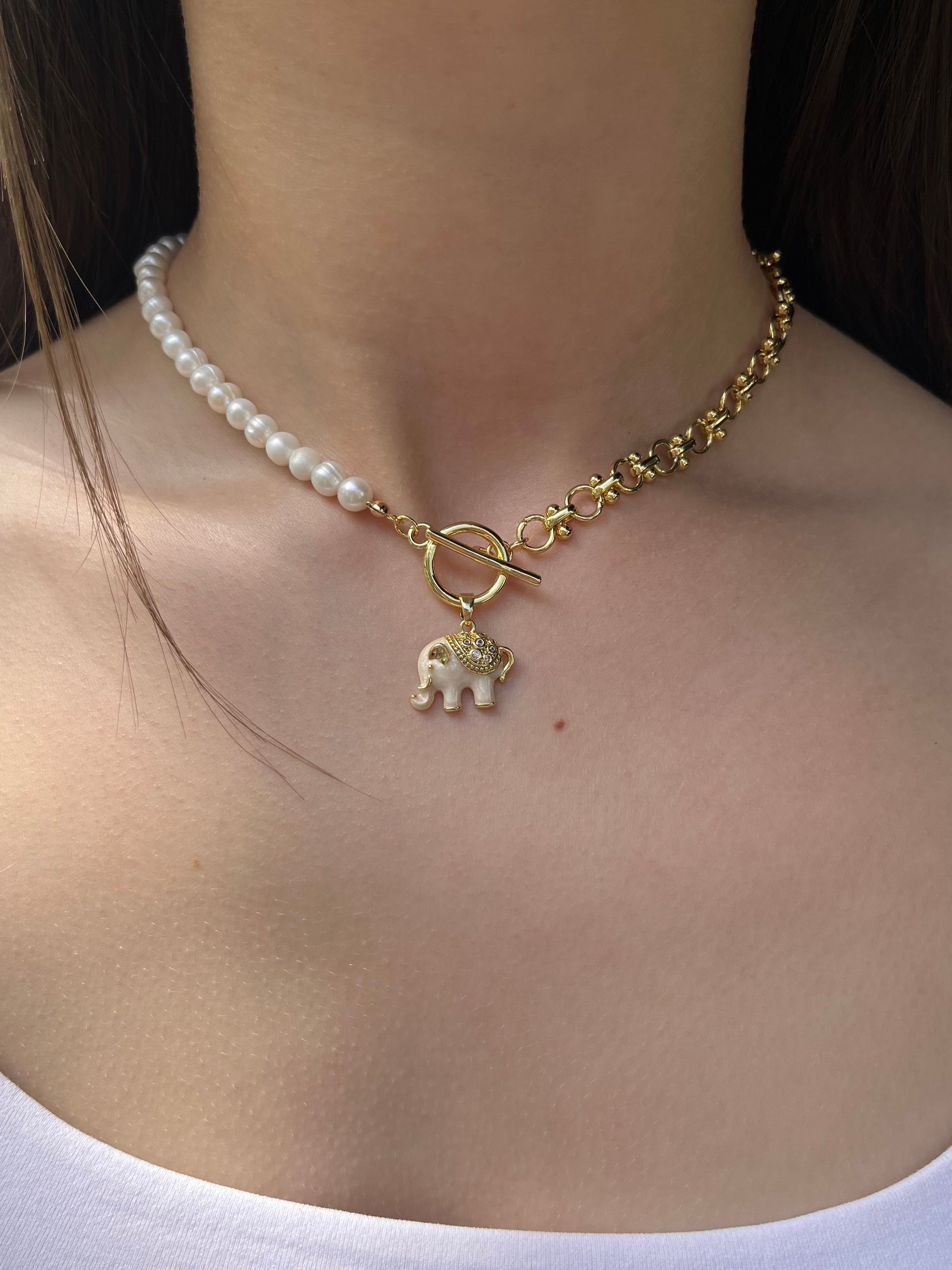 Asymmetrical Pearl Necklace with Elephant Pendant, 18K Gold Plated Chain