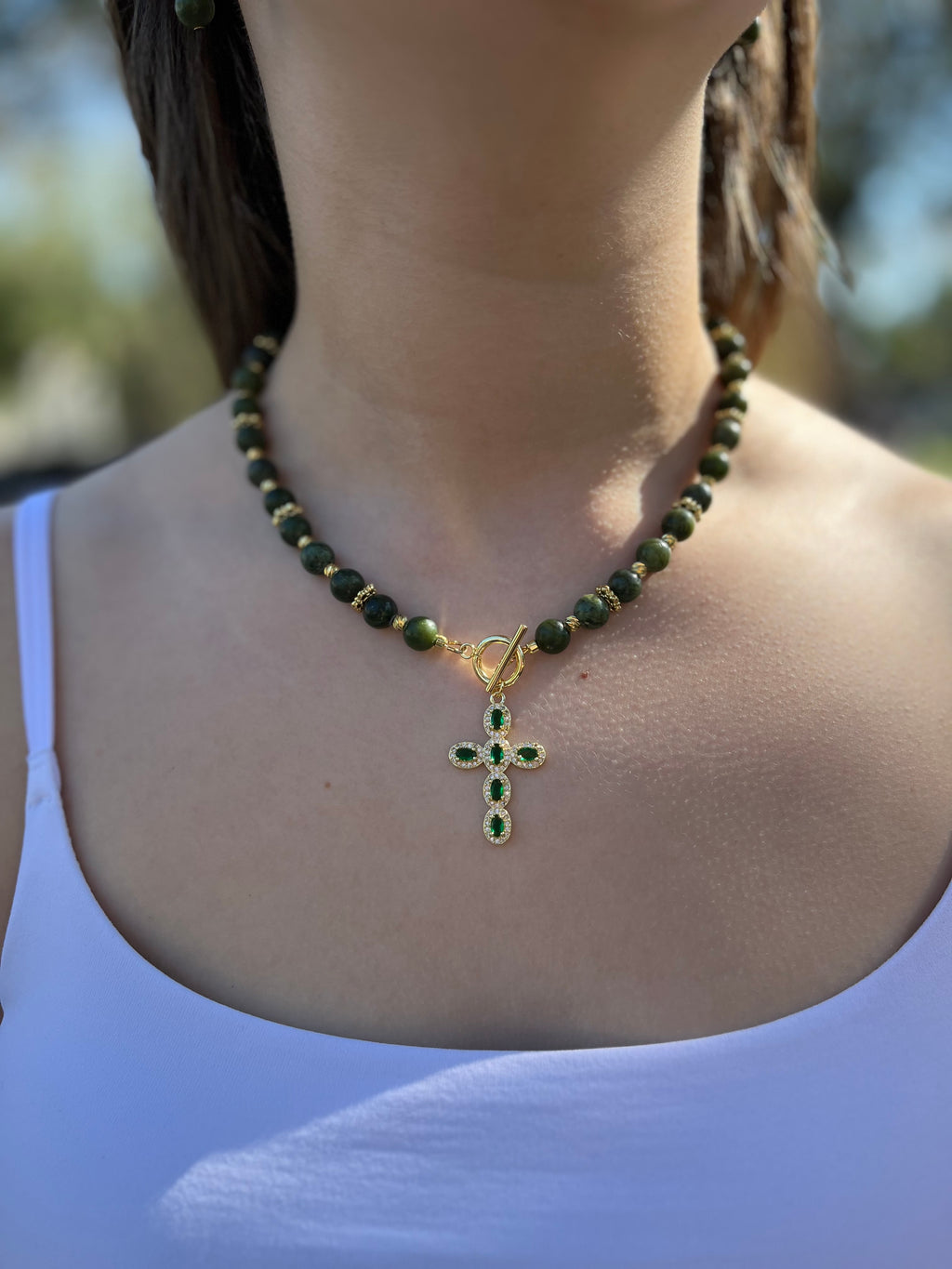 Set: Natural Taiwan Jade Necklace with Zirconia Cross 18K Gold plated