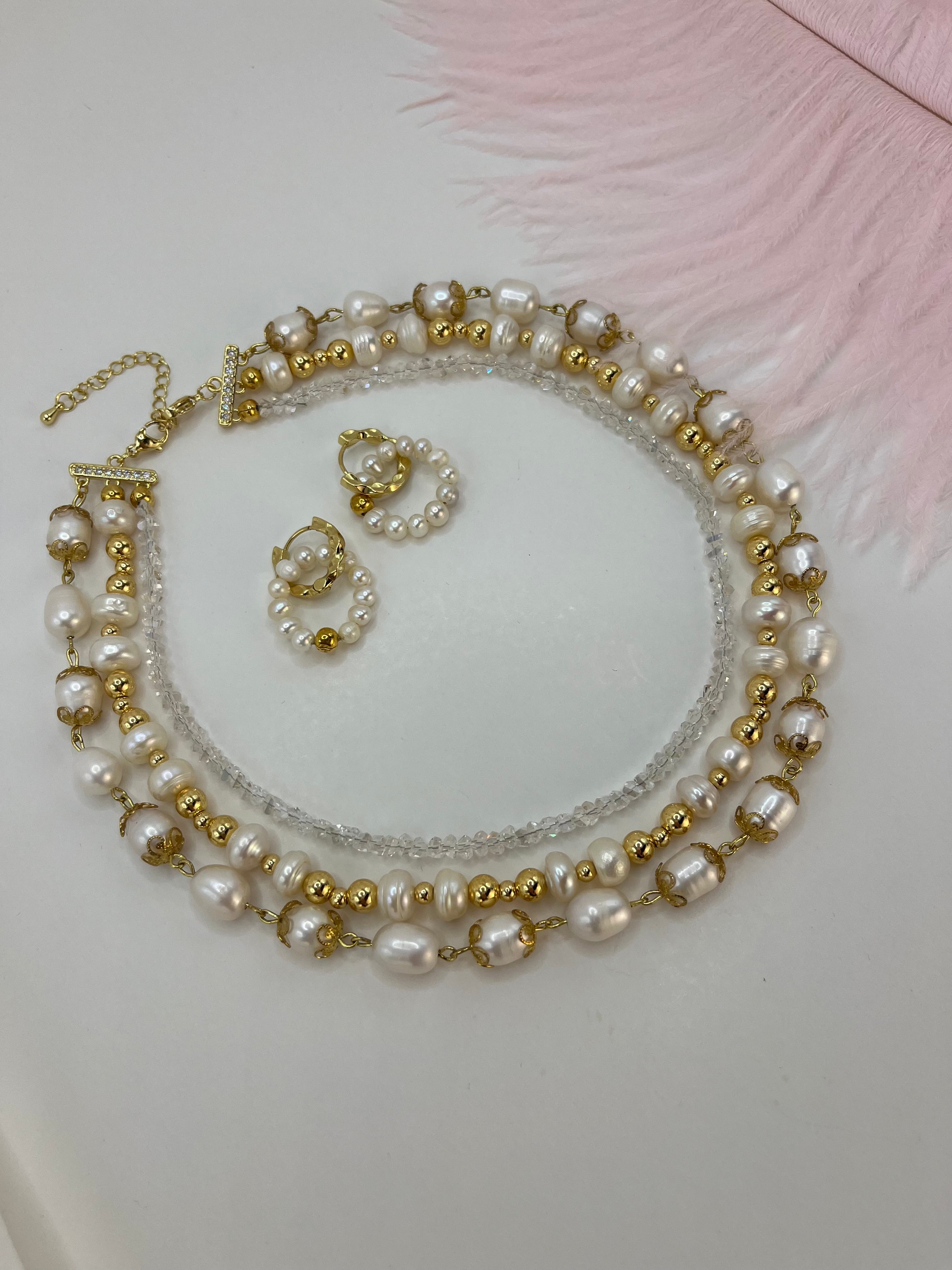 Three-Strand Natural Pearl & Crystal Necklace with Hoop Earrings Set – 18K Gold Plated, Gift Box