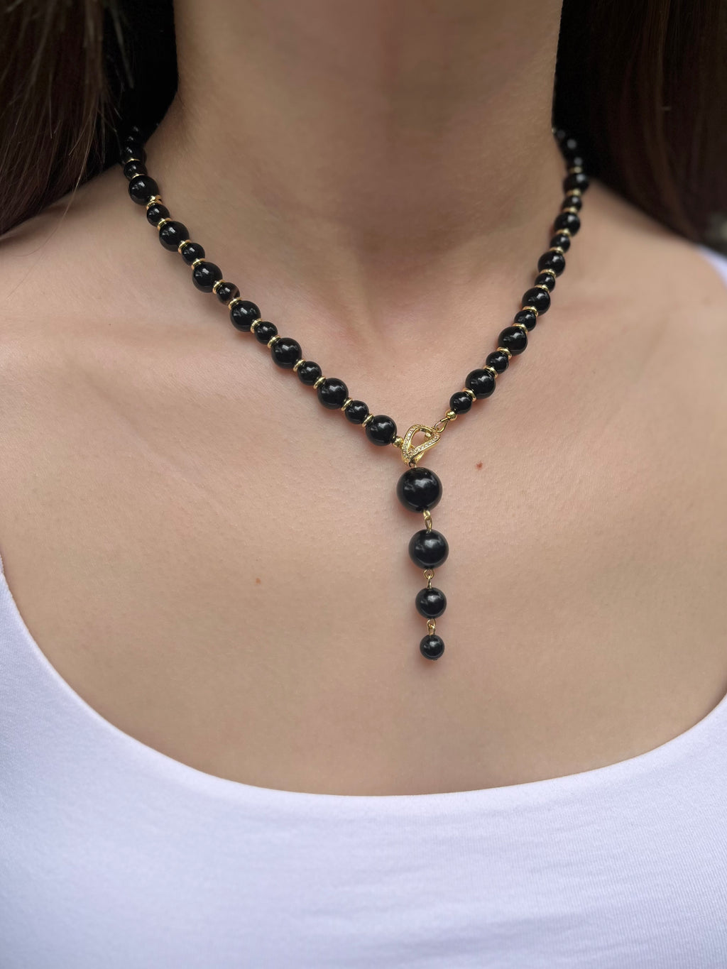 Set: Black Onyx Necklace and Earrings:18K Gold Plated