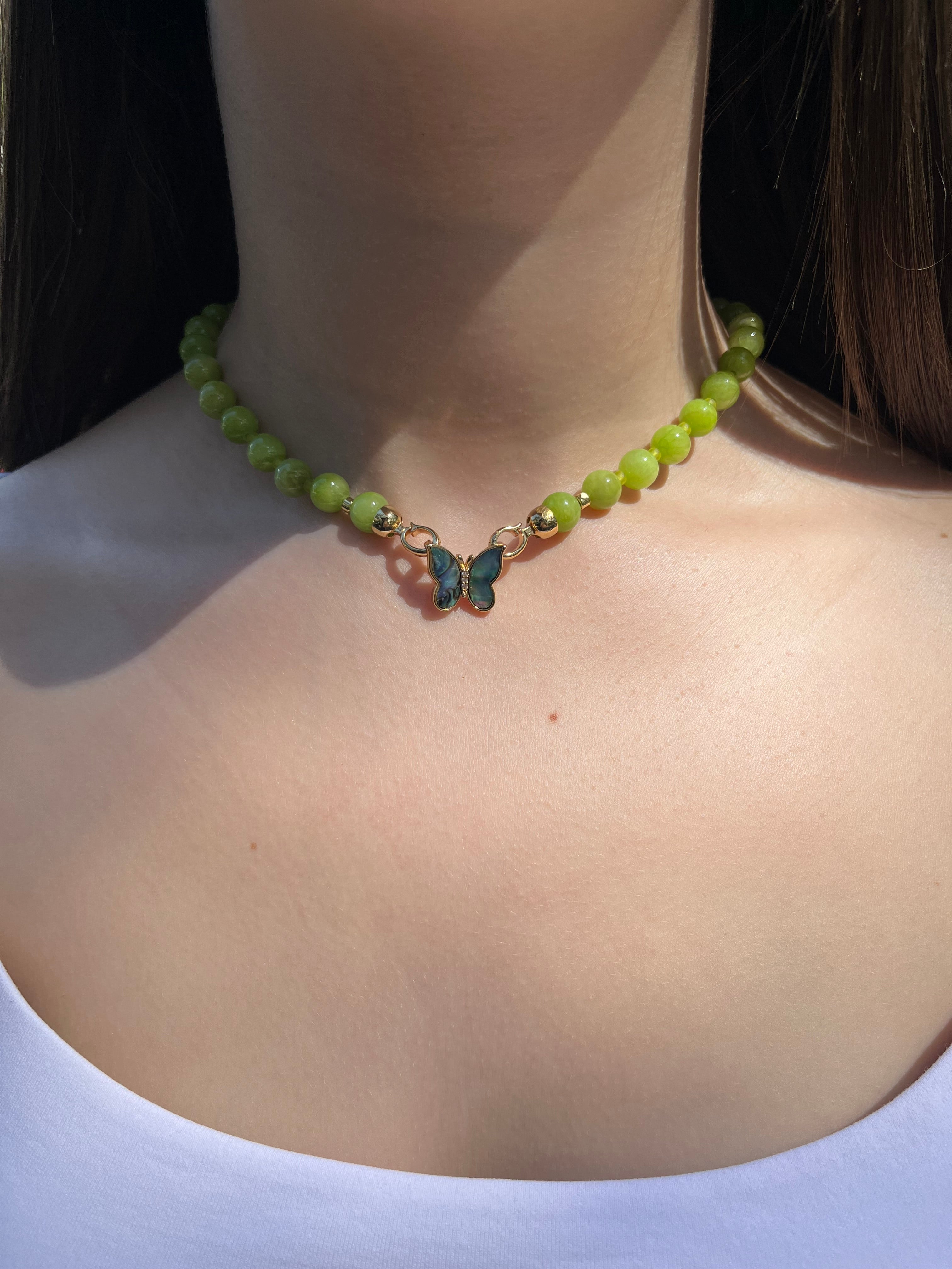 Natural Light Green Jade Necklace with 18K Gold Butterfly Clasp