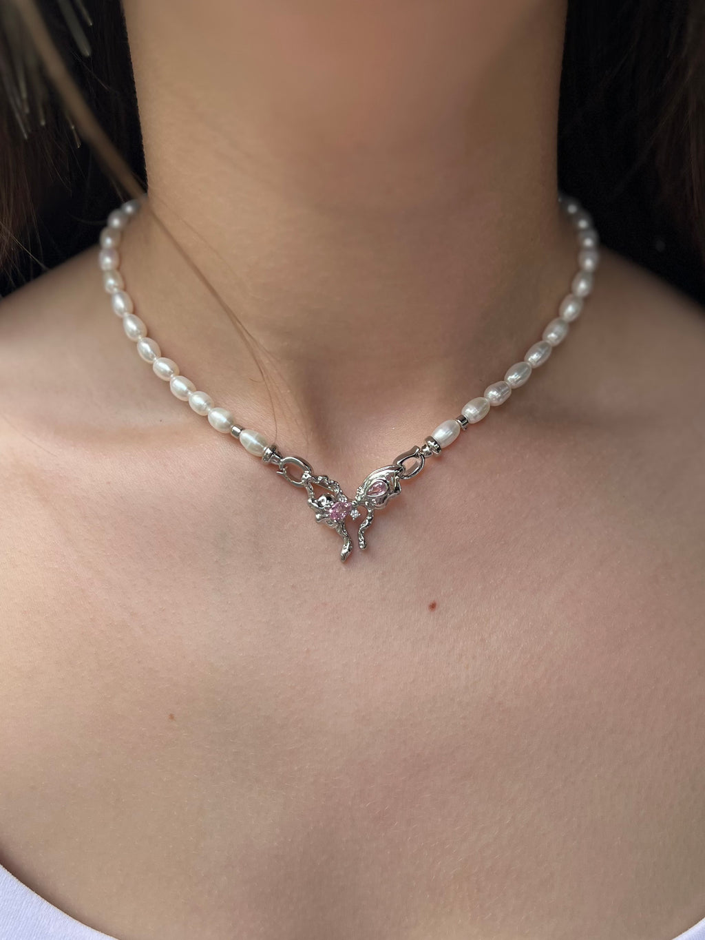 Natural Pearl Necklace with butterfly Clasp