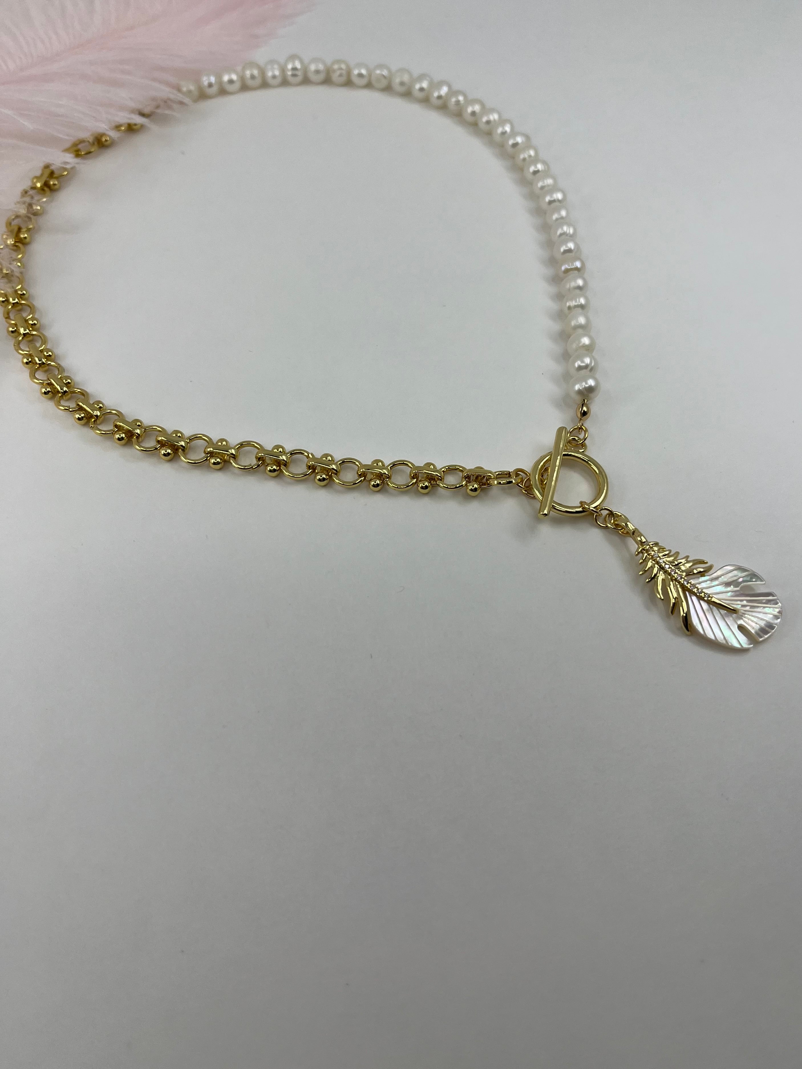 Asymmetrical Pearl Necklace with Feather Pendant, 18K Gold Plated Chain
