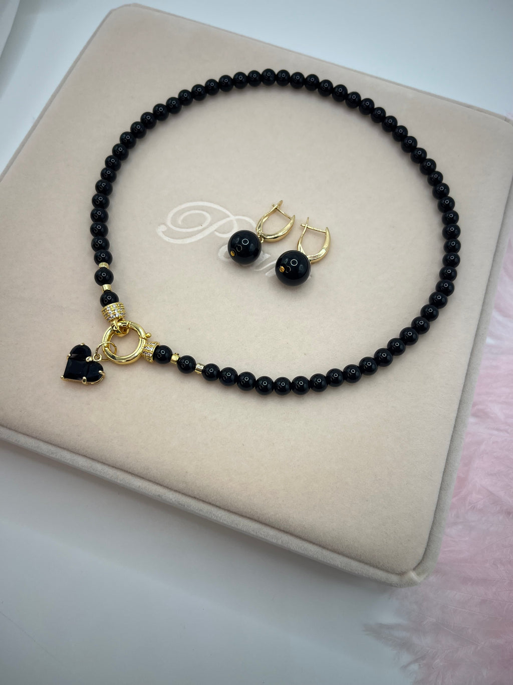 Black Onyx Necklace and Earrings Set – 18K Gold Plated Heart Charm