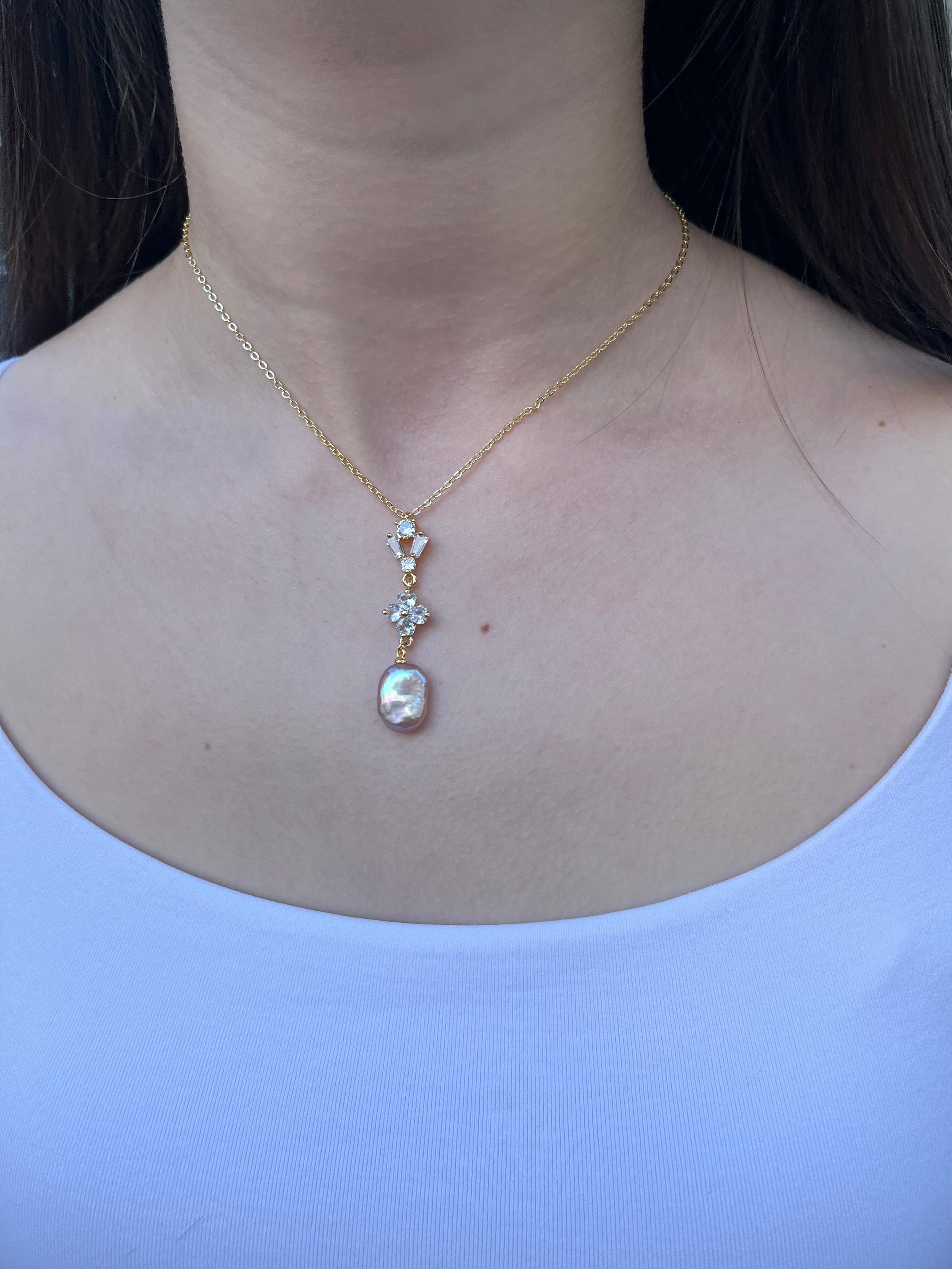 Baroque Pearl and zirconia Y-Necklace, 18k gold plated