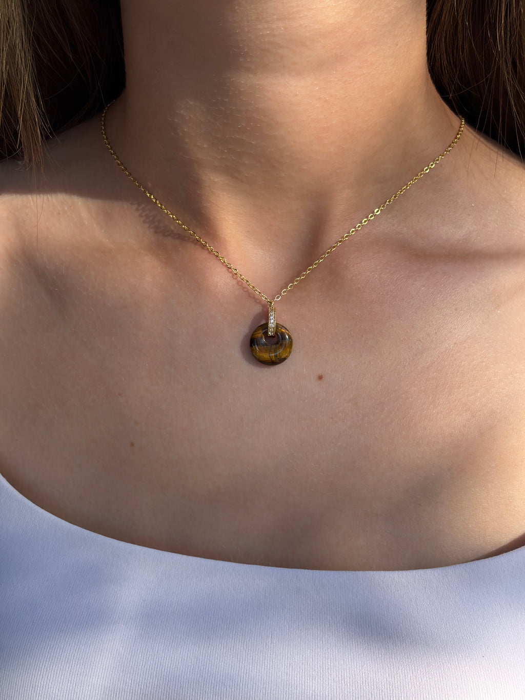 Tiger eye donut Earrings and Necklace,18K Gold Plated