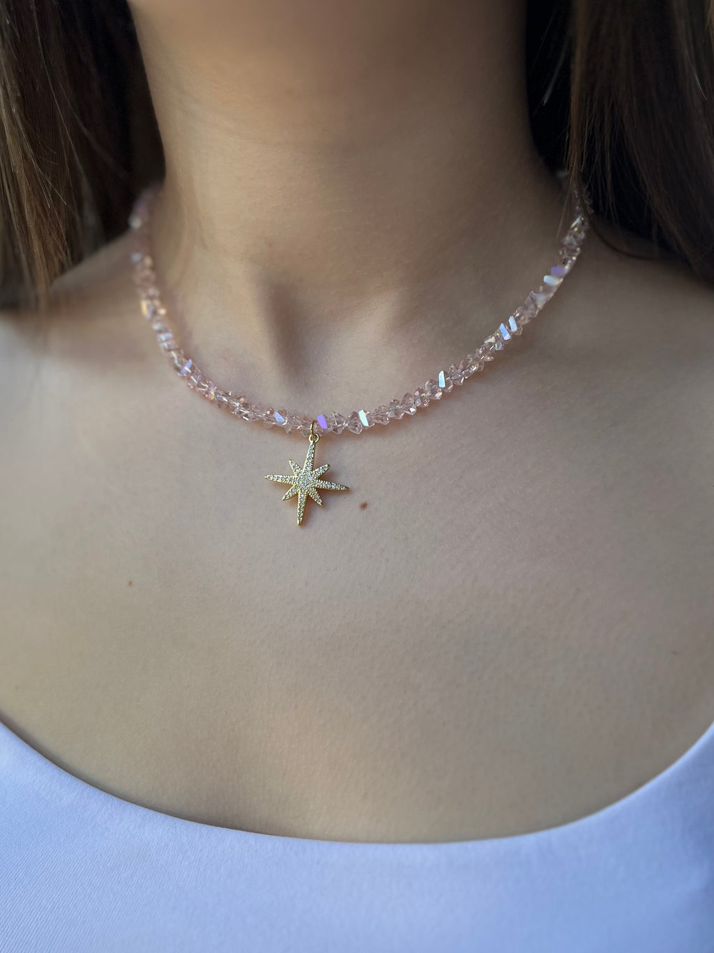 Crystal Glass Bead Choker: 18K Gold Star Pendant