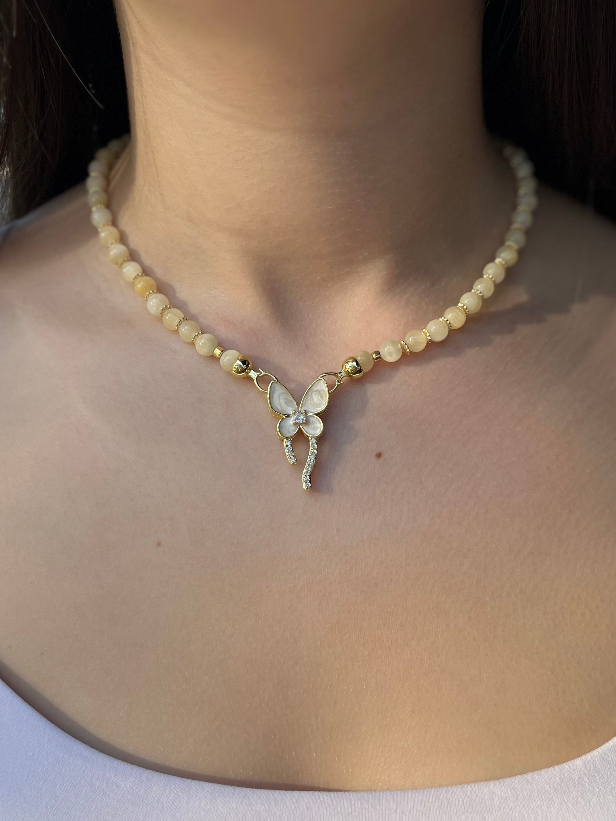 Topaz Jade Choker Necklace : 18K Gold Plated Zirconia Butterfly Clasp