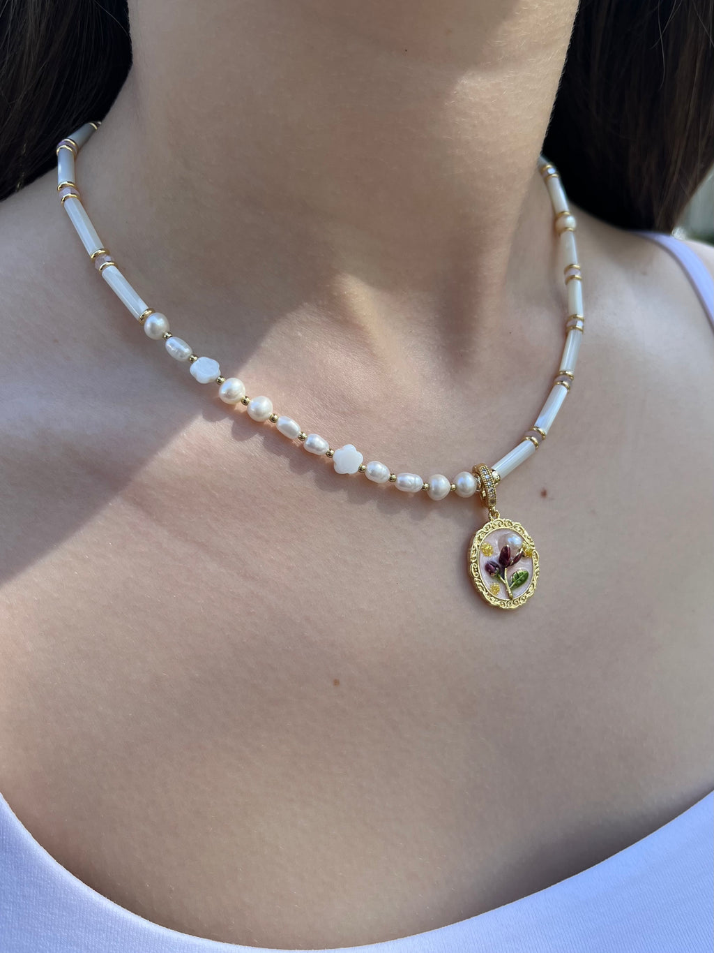 Natural Pearl and Trochus Shell Pendant Necklace, 18K Gold-Plated