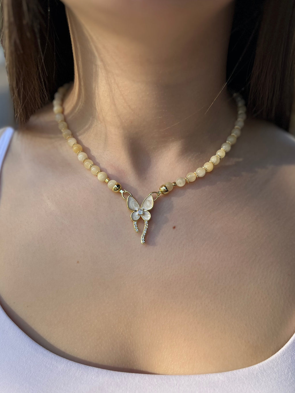 Topaz Jade Choker Necklace : 18K Gold Plated Zirconia Butterfly Clasp