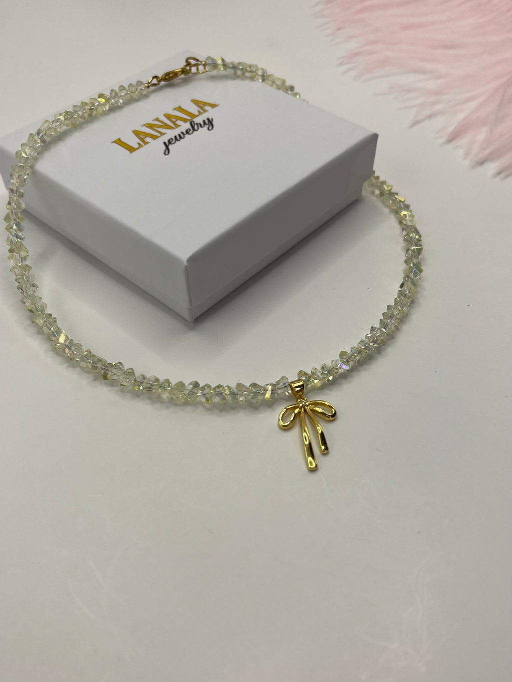 Crystal Glass Bead Choker: 18K Gold Bowknot Pendant