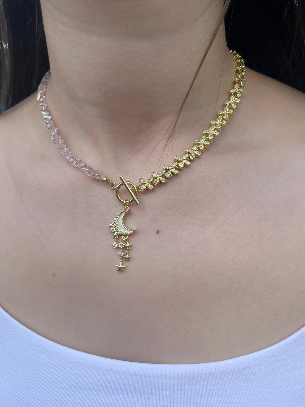 Asymmetrical Crystal Moon Necklace, 18k gold plated