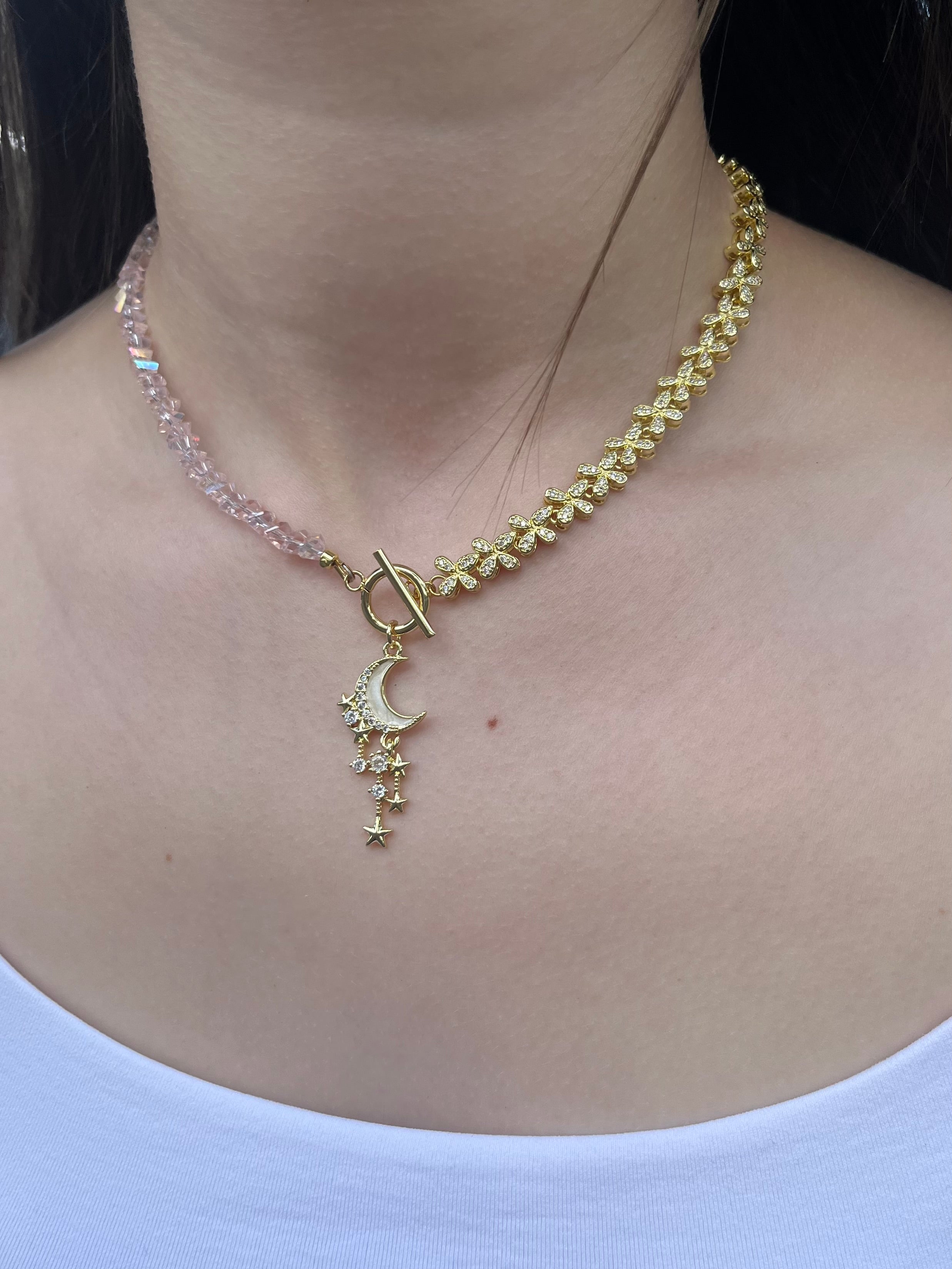 Asymmetrical Crystal Moon Necklace, 18k gold plated