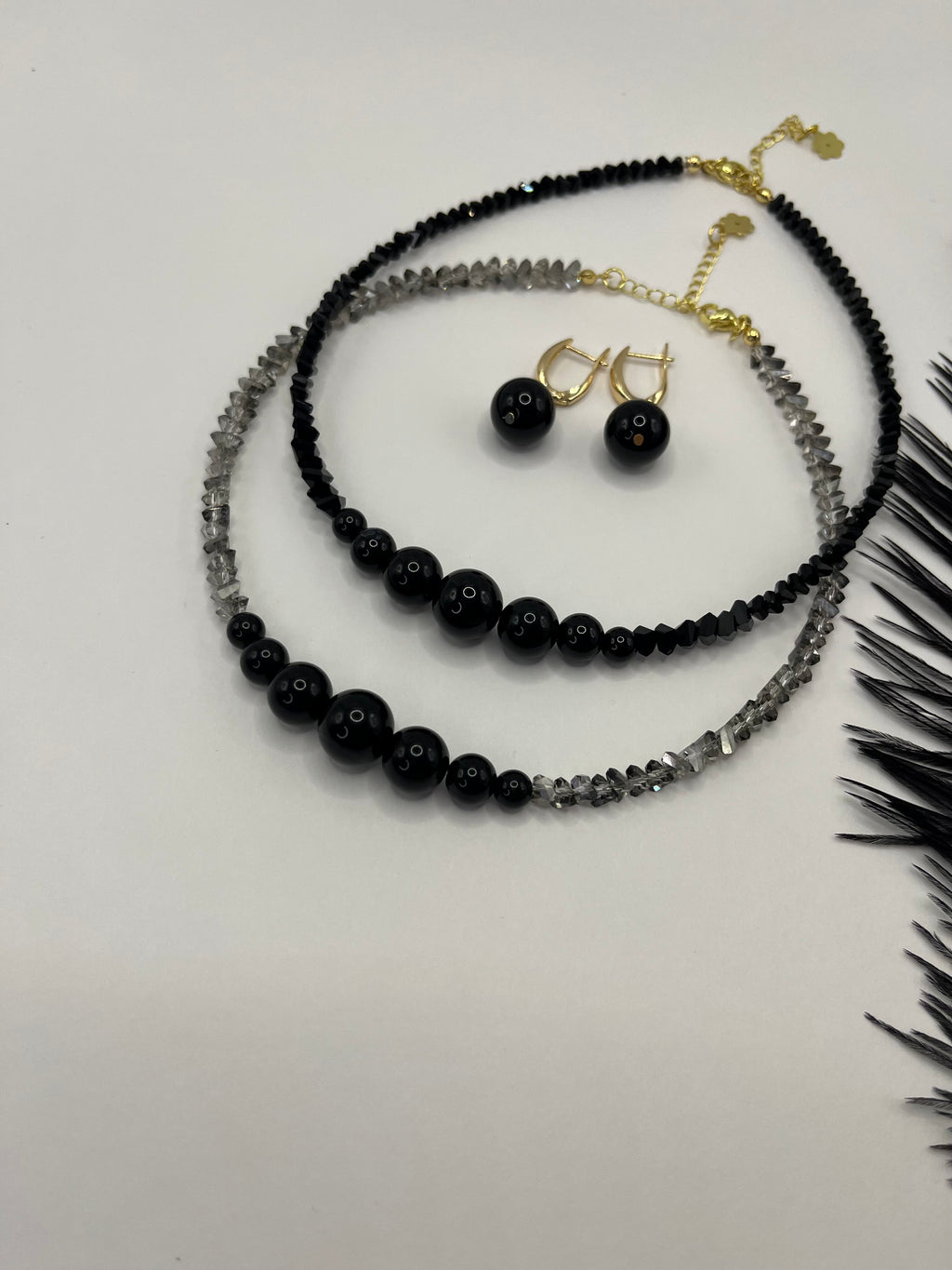 Set: Black Crystal Choker Necklace with onyx and Earrings