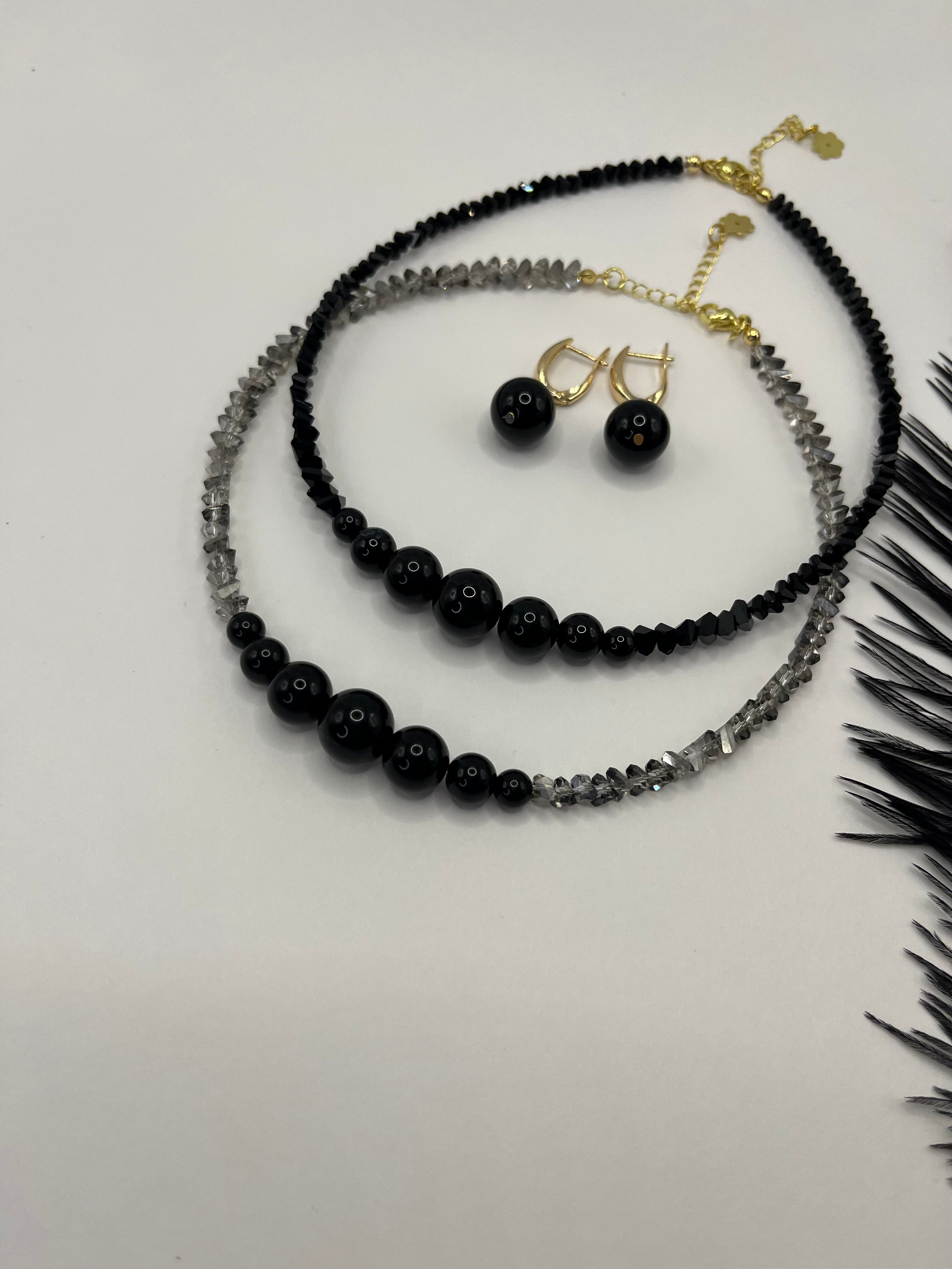 Set: Black Crystal Choker Necklace with onyx and Earrings
