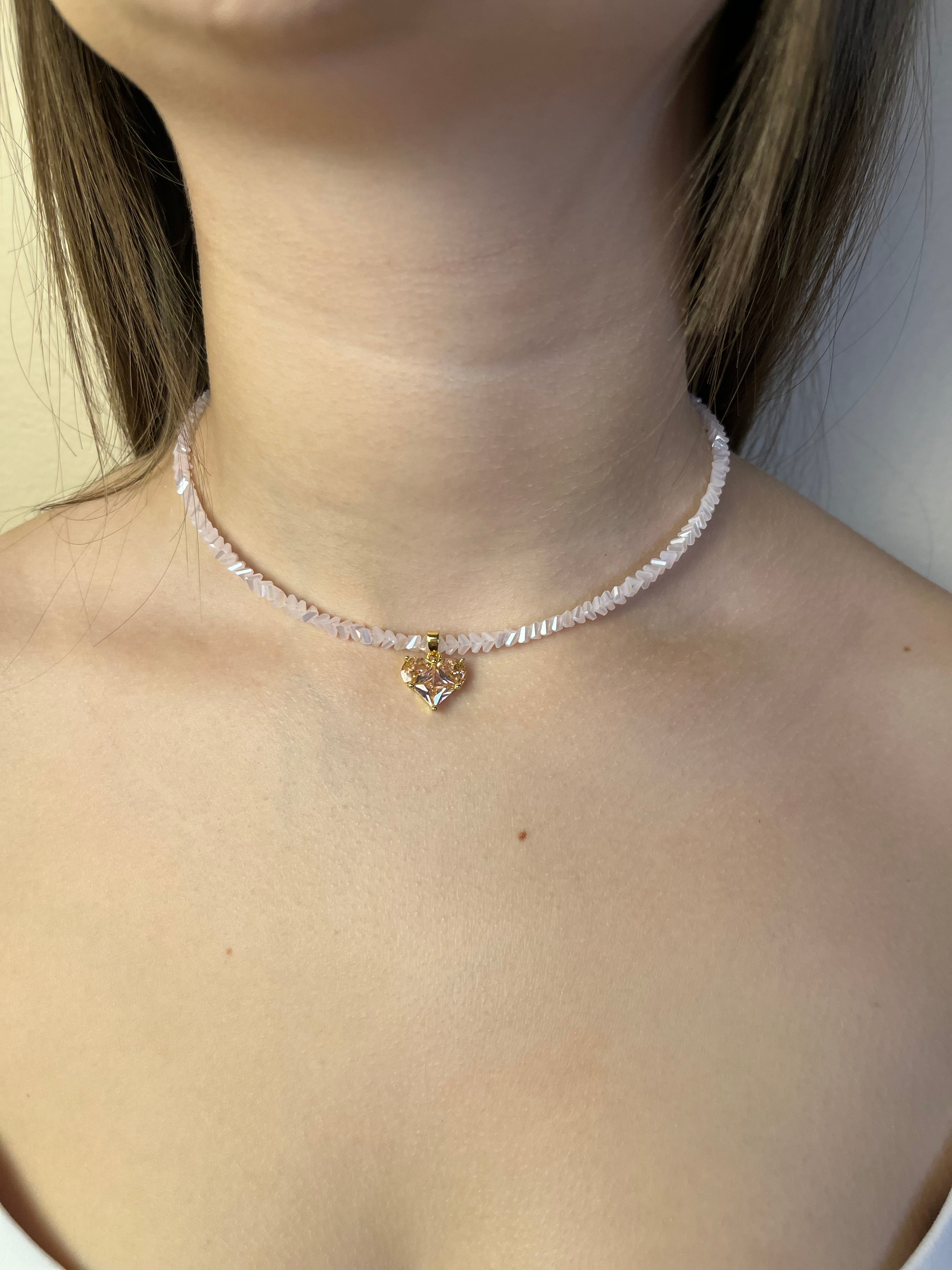 Crystal Pink Glass Bead Choker: 18K Gold Heart Pendant