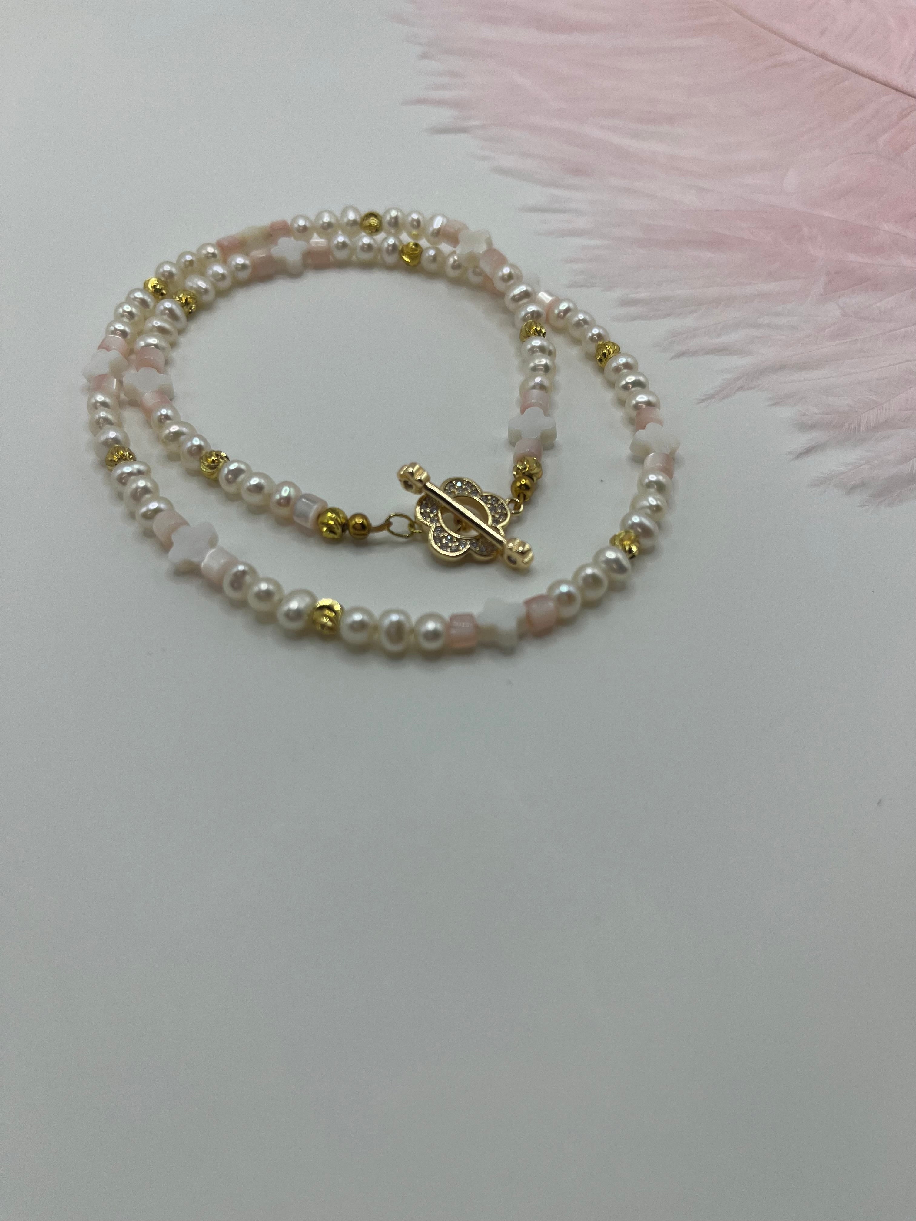 Freshwater Pearl & Shell Necklace with 18K Gold Plated Flower Toggle