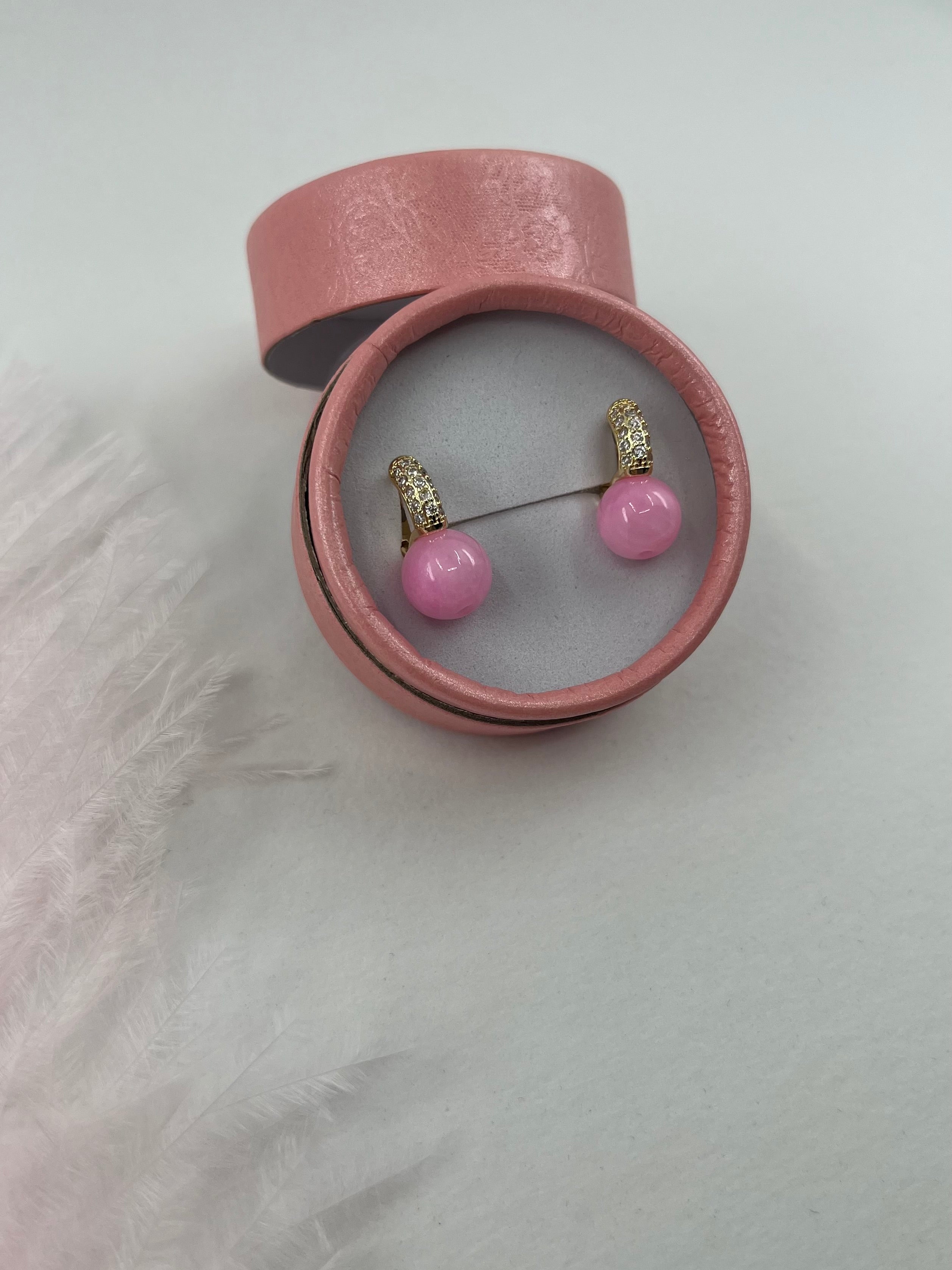 Natural pink Jade Gold Zirconia Earrings