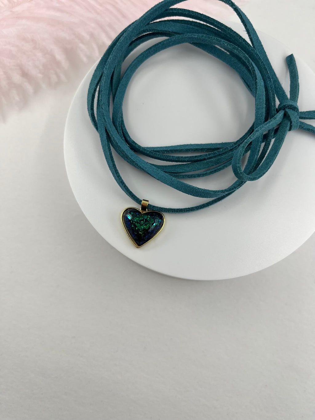 Turquoise Suede Bow Tie Wrap Choker, 18K gold Heart Pendant Necklace