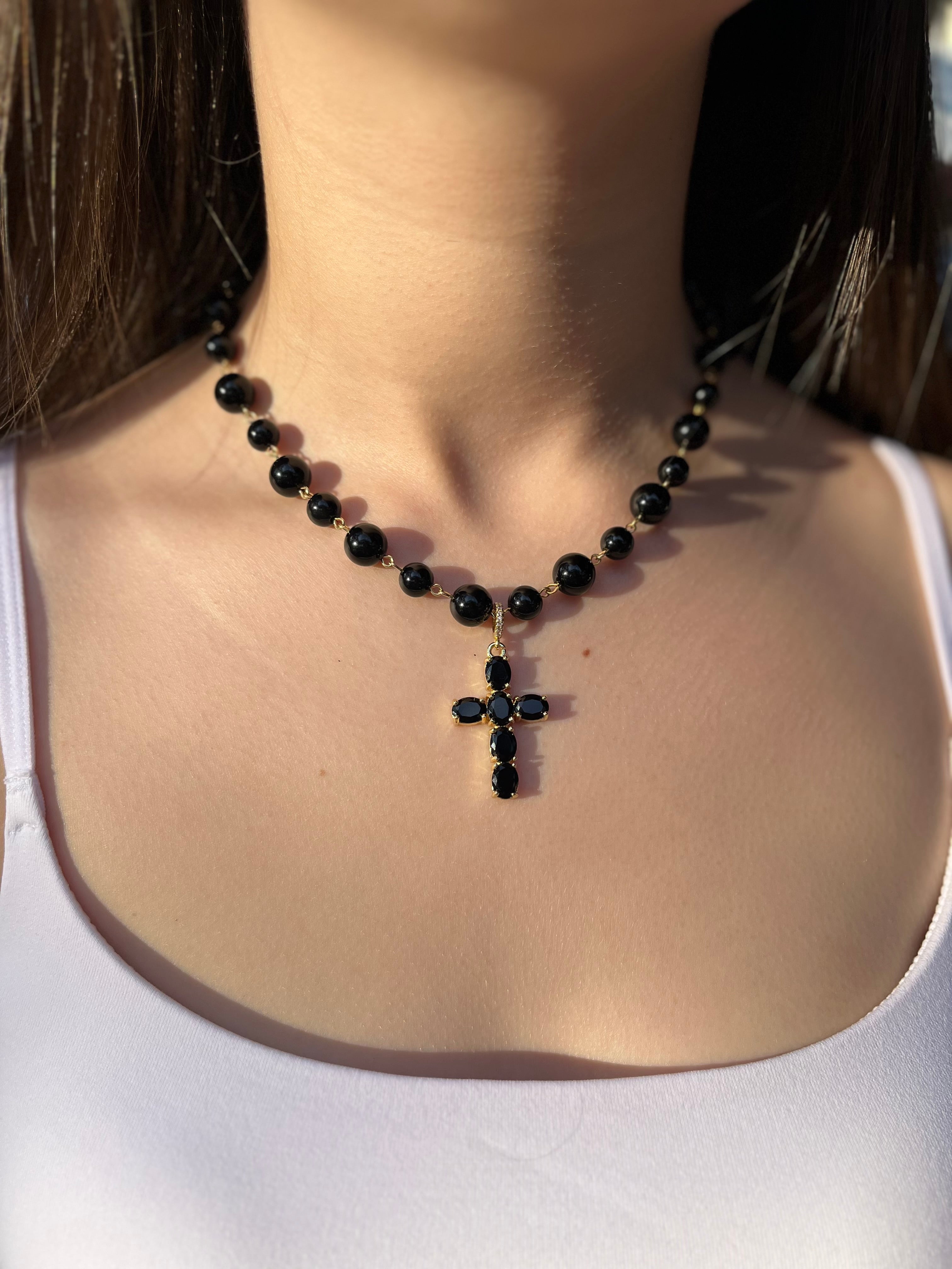 Black Onyx Necklace– 18K Gold Plated Zirconia Cross