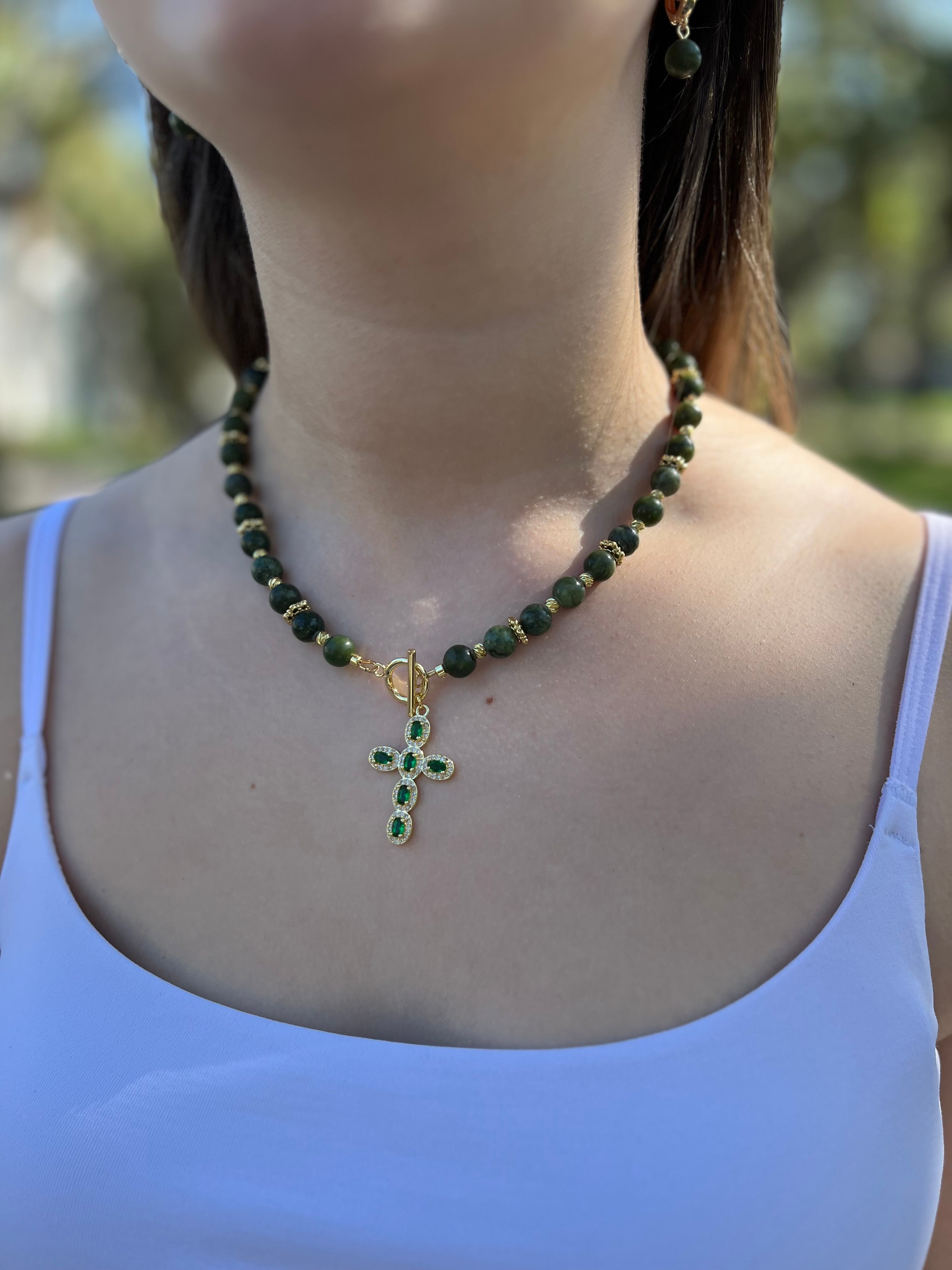 Set: Natural Taiwan Jade Necklace with Zirconia Cross 18K Gold plated