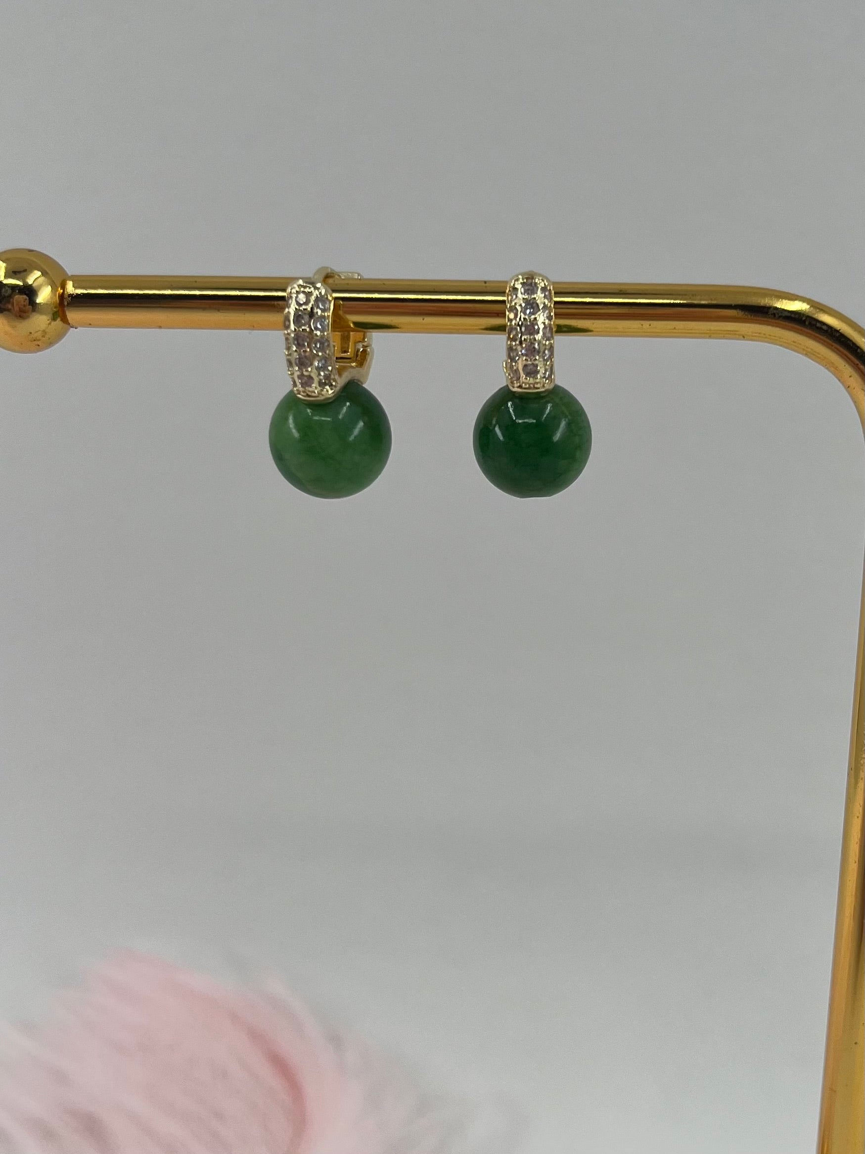 Natural Green Jade Gold Zirconia Earrings