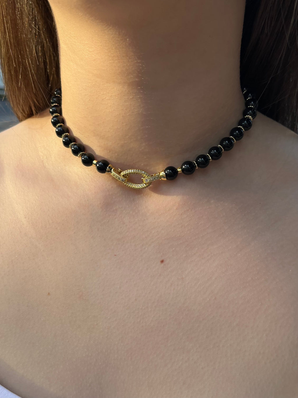Black Onyx Choker – 18K Gold Plated Zirconia Clasp