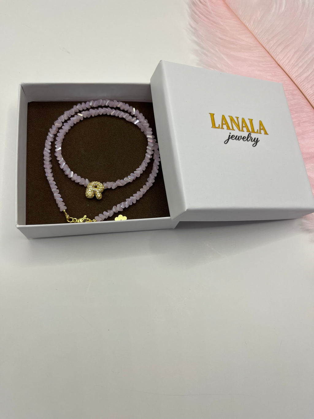 Initial Charm Pink Crystal Necklace – 18K Gold Plated, Cubic Zirconia