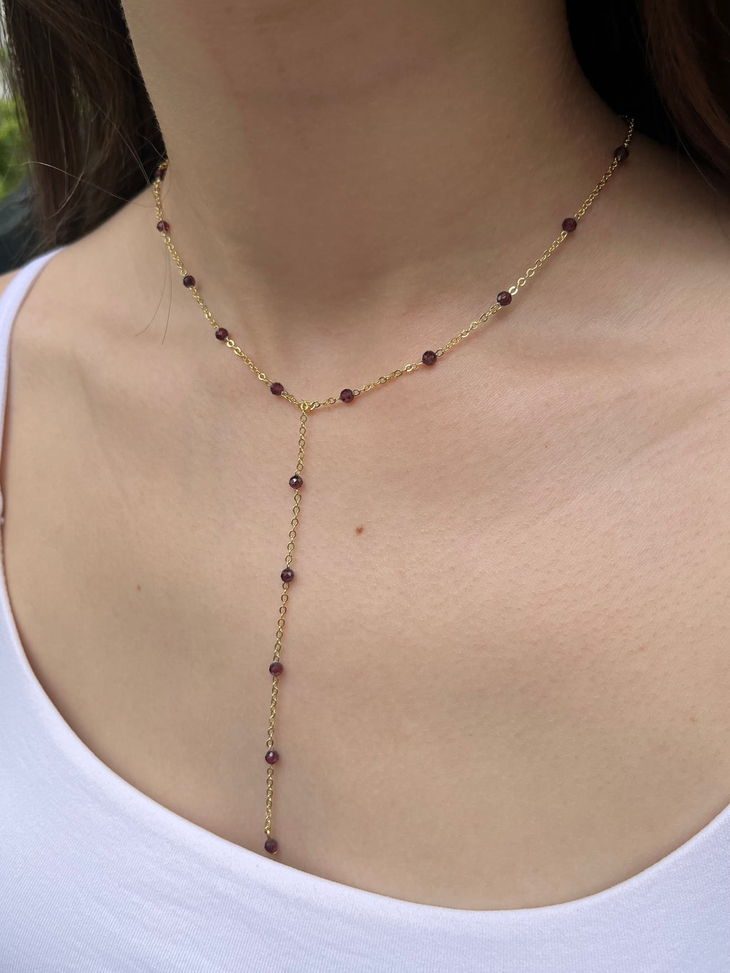 Lariat Garnet necklace , 18K gold plated
