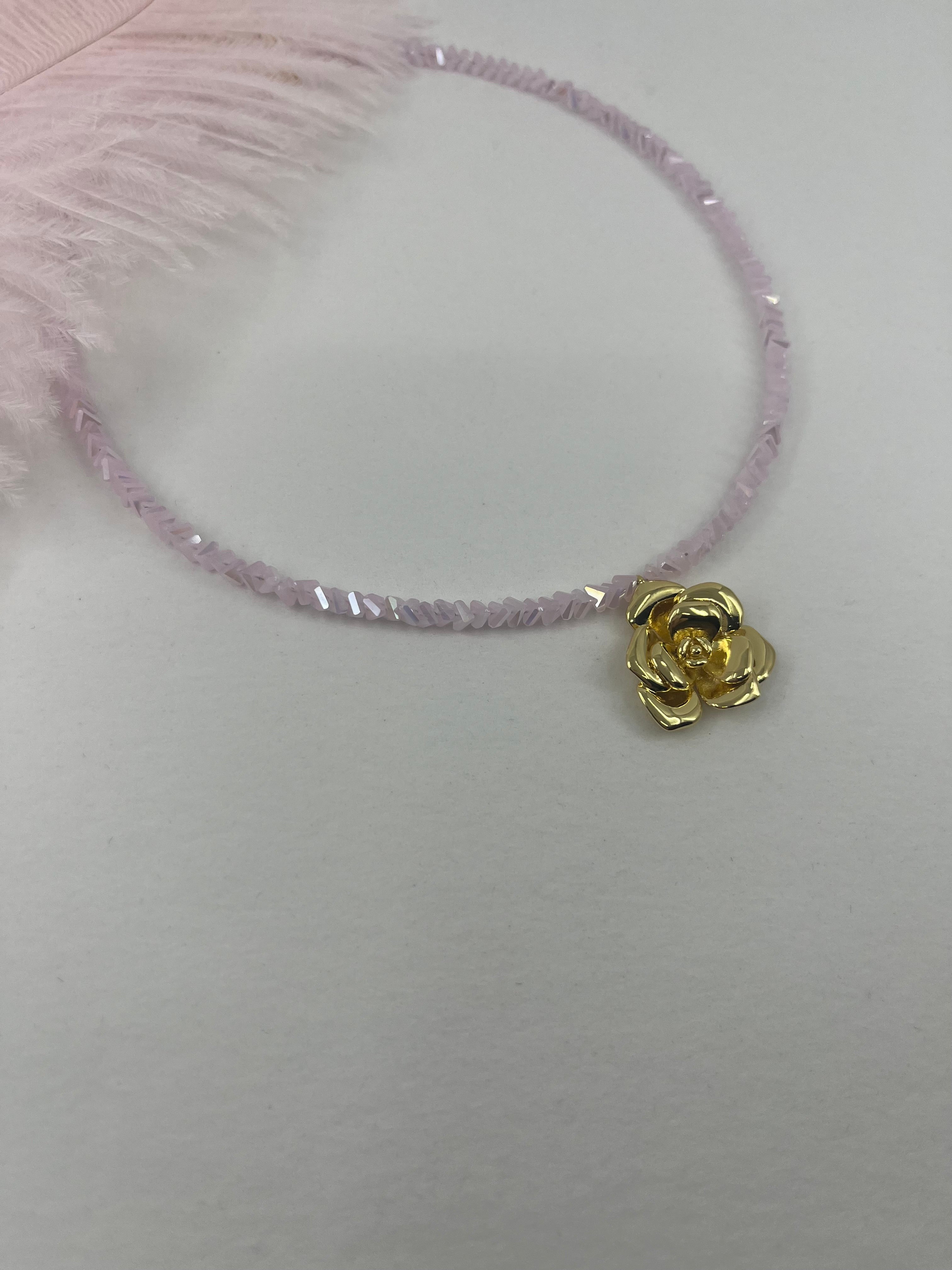 Crystal Pink Glass Bead Choker: 18K Gold Rose Pendant