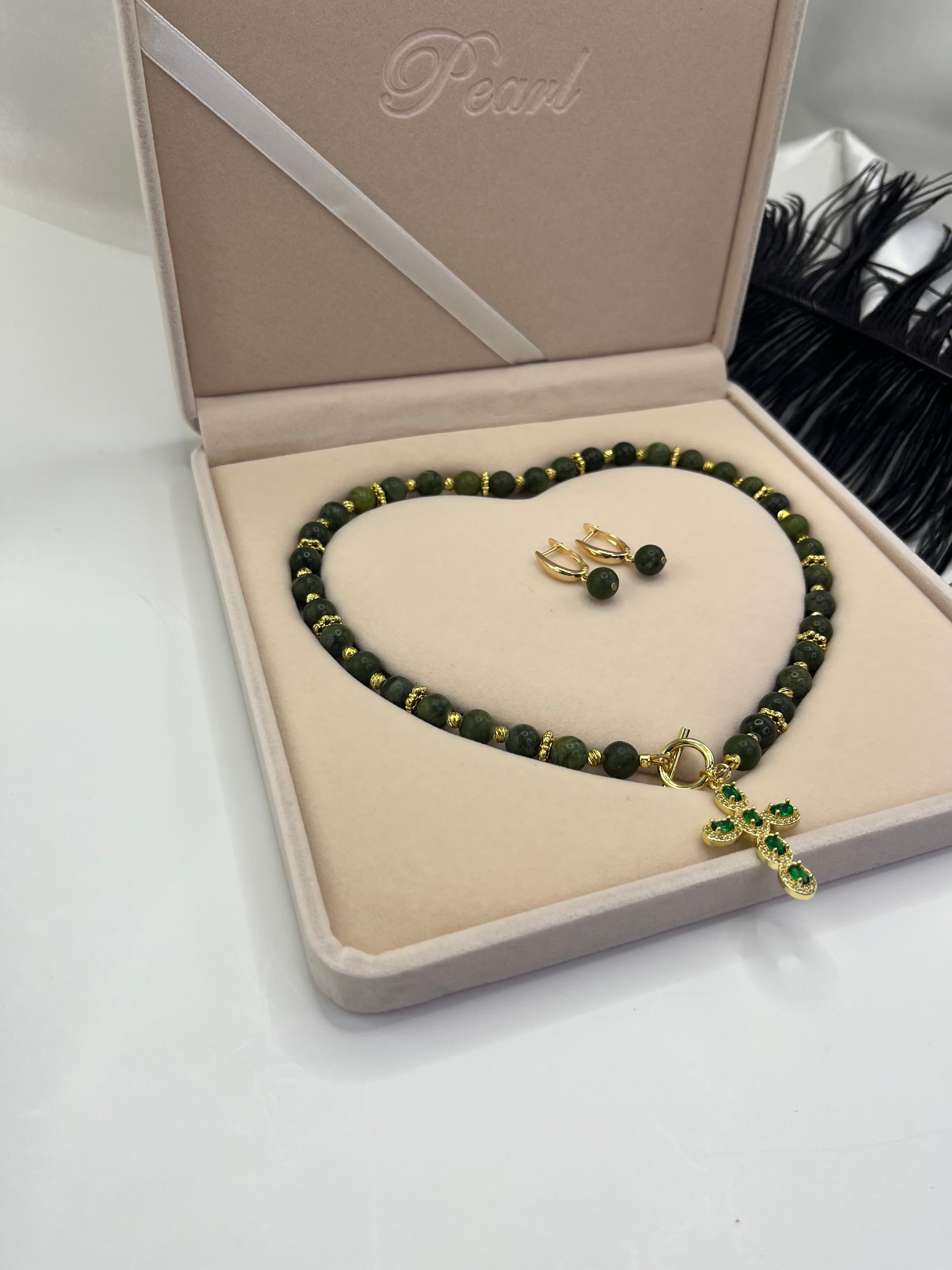 Set: Natural Taiwan Jade Necklace with Zirconia Cross 18K Gold plated