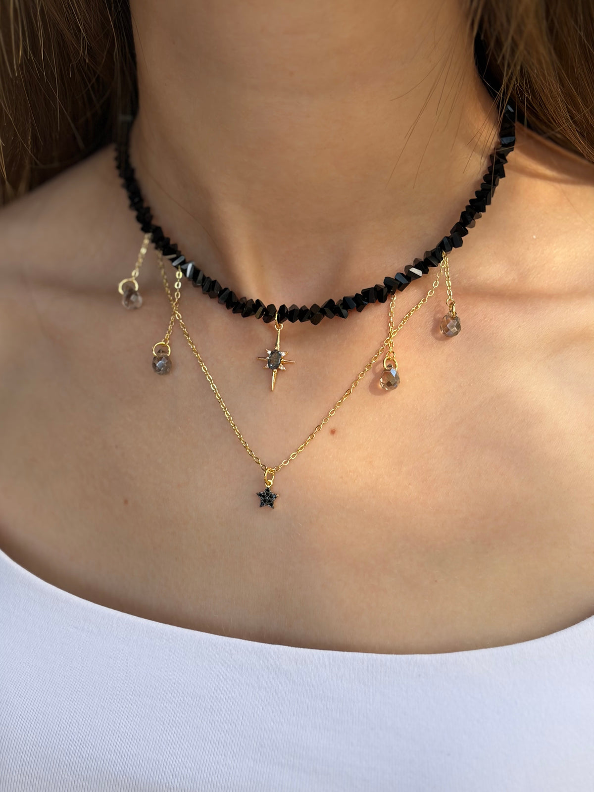 Black Crystal Star Necklace, 18K Gold Plated