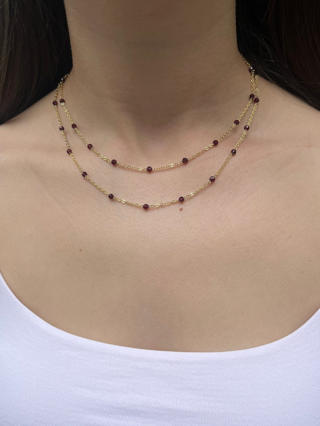 Layered Garnet necklace , 18K gold clasp