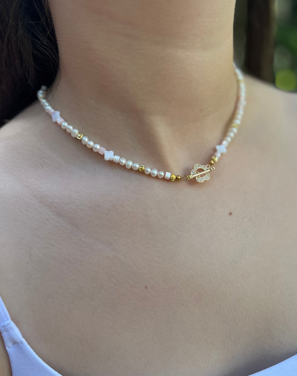 Freshwater Pearl & Shell Necklace with 18K Gold Plated Flower Toggle
