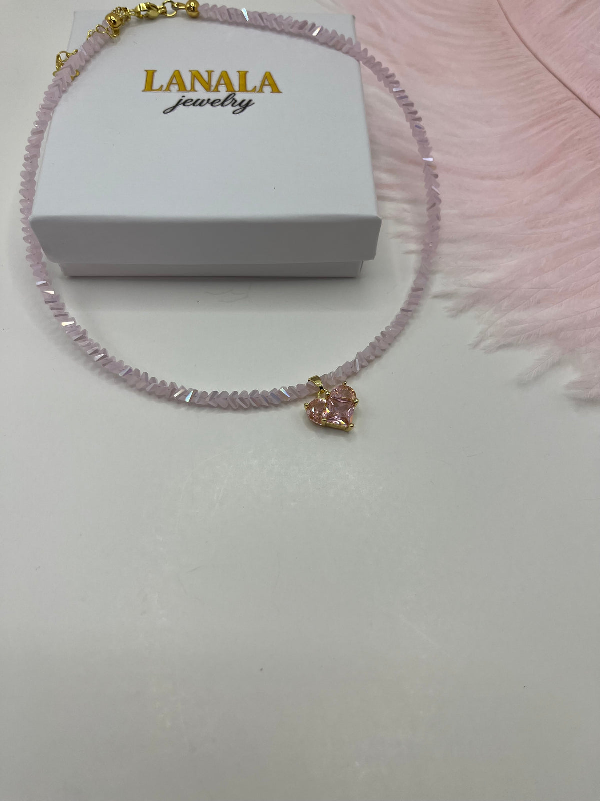 Crystal Pink Glass Bead Choker: 18K Gold Heart Pendant