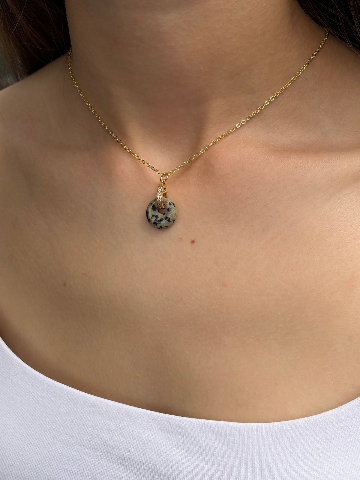 Dalmatian jasper donut Earrings and Necklace, 18K Gold Plated
