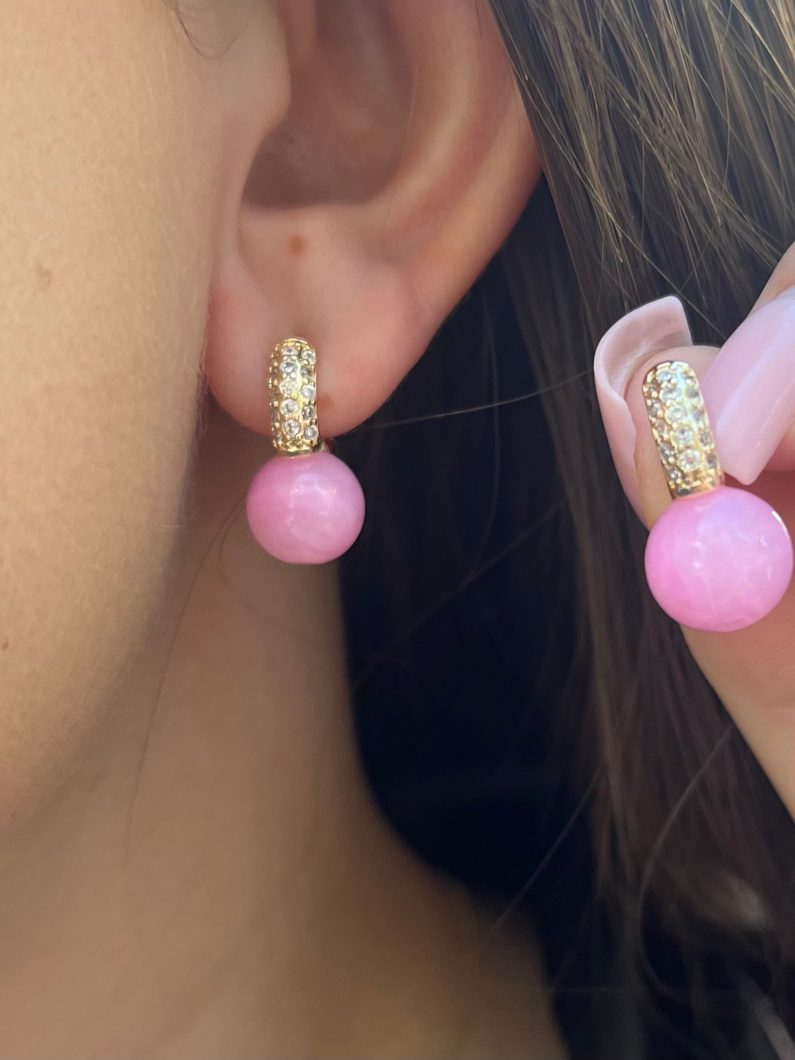 Natural pink Jade Gold Zirconia Earrings