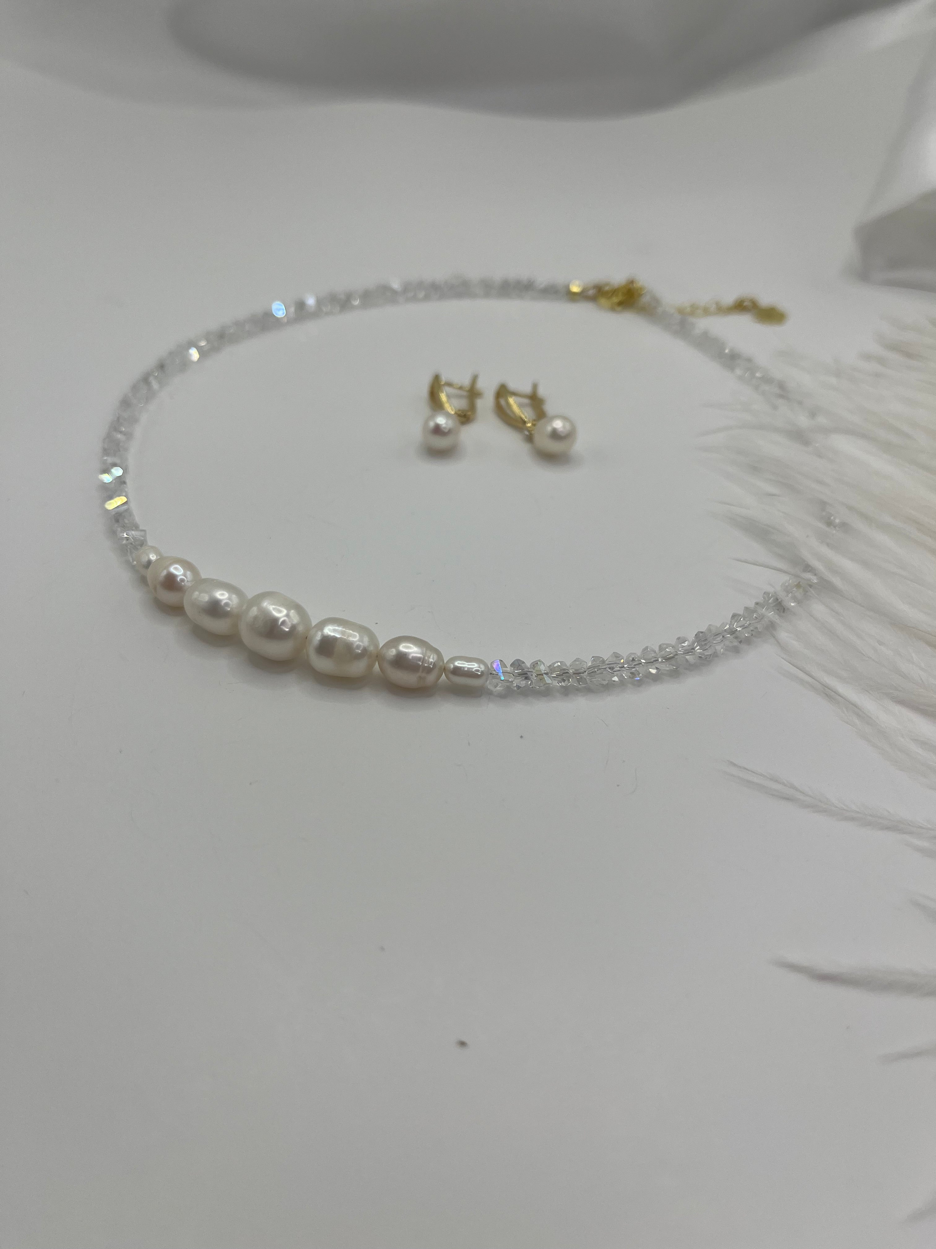 Pearl Choker Necklace with earrings : 18K Gold Plated