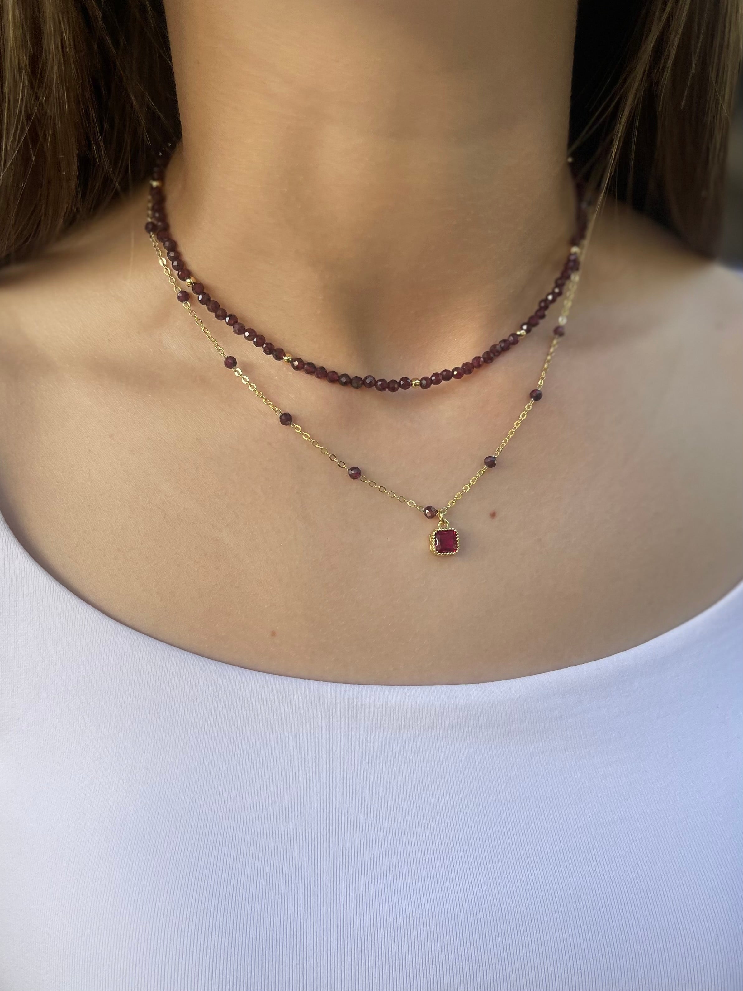 Layered Garnet necklace , 18K gold clasp