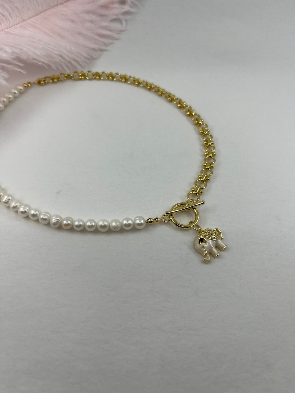 Asymmetrical Pearl Necklace with Elephant Pendant, 18K Gold Plated Chain